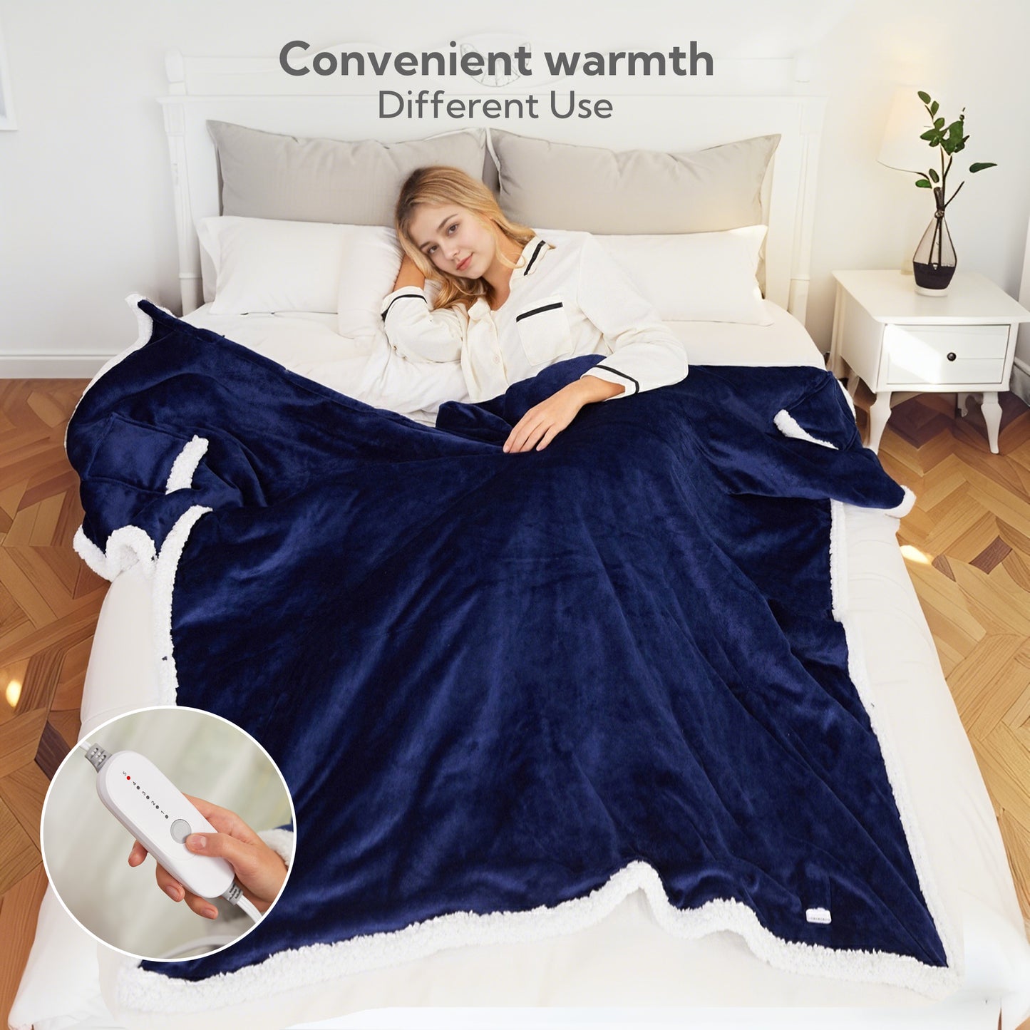SUNNY HEAT Wearable Electric Heated Blanket 56"x63" , Soft Flanne & Cotton Fleecel,Warm and Cozy, Bed, Sofa,Travel Use,Navy blue