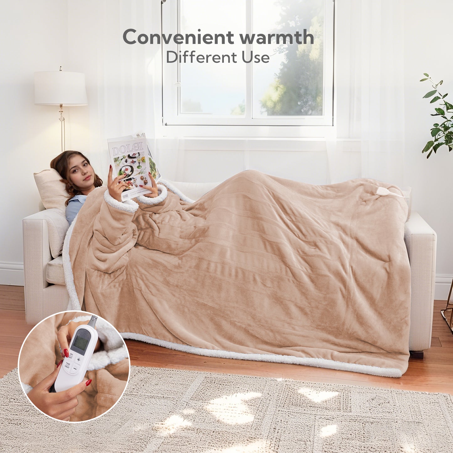 SUNNY HEAT Wearable Electric Heated Blanket 50"x70" , Soft Flanne & Cotton Fleecel,Warm and Cozy, Bed, Sofa,Travel Use,khaki