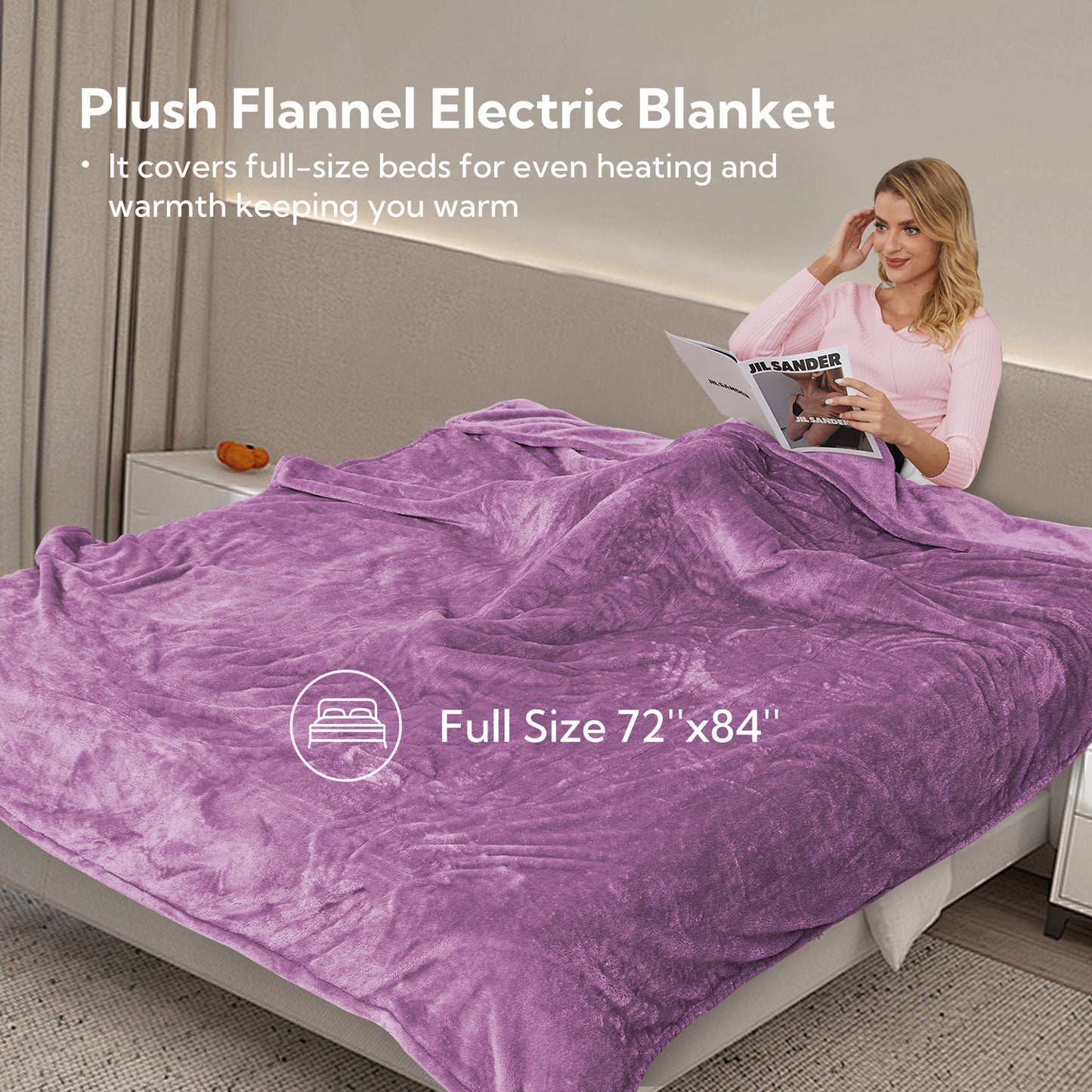 Electric Heated Blanket 72'' x 84'', Soft and Lightweight Plush Double-Sided Flannel Electric Blanket, Light Purple