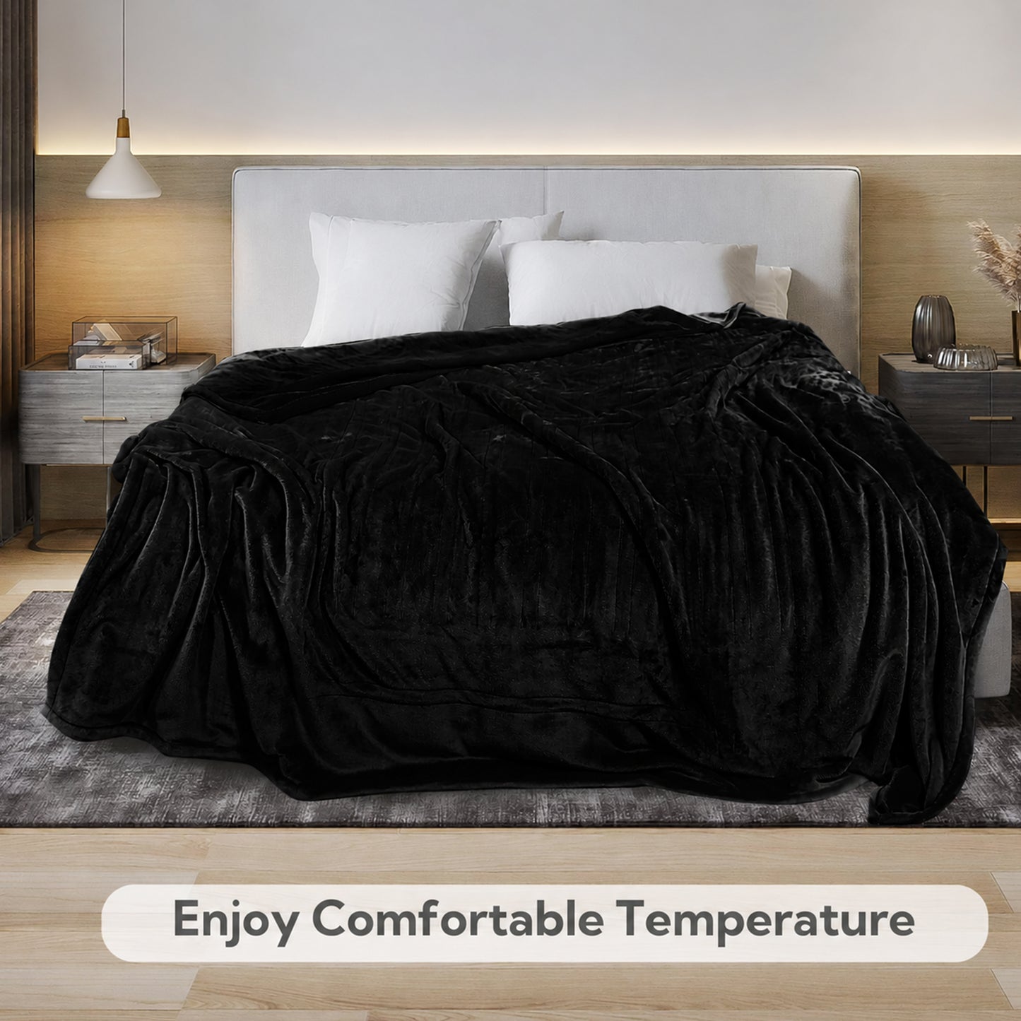 SUNNY HEAT Electric Heated Blanket Queen Size 84" x 90" Soft Flannel with 5 Levels Heating & 10Hs Auto off, Dual Controllers, Dual Zone Temperature Control, Black