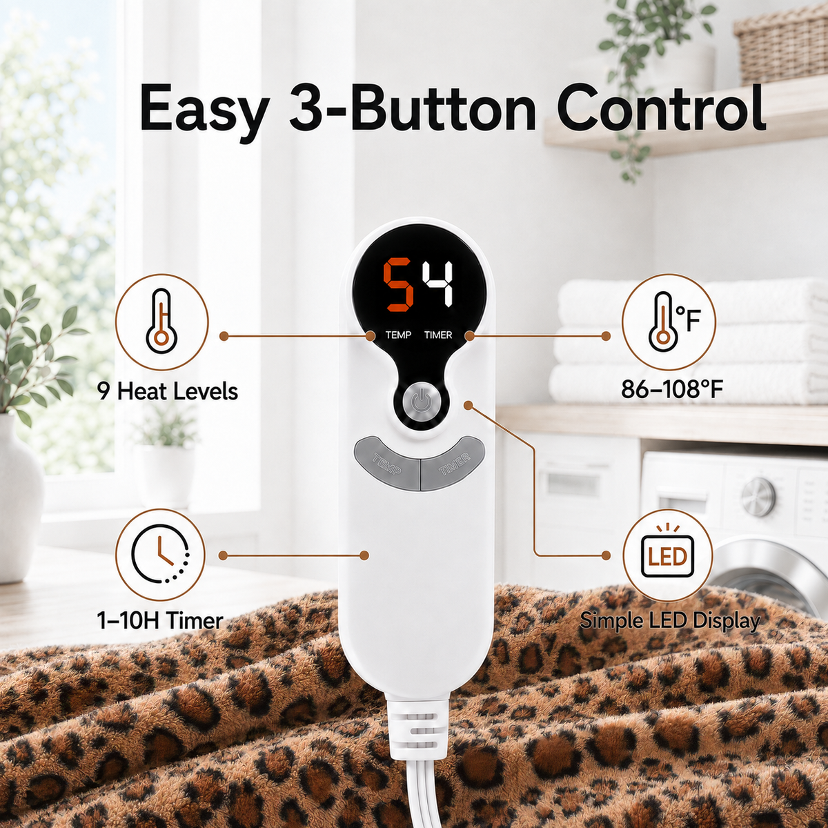 SUNNY HEAT Electric Blanket Heated Throw 50" x 60" -Fast Heating 9 Levels & 10H Auto off, Warm Soft Fannel Machine Washable, for Bed/Couch/Office, Classic Leopard Print