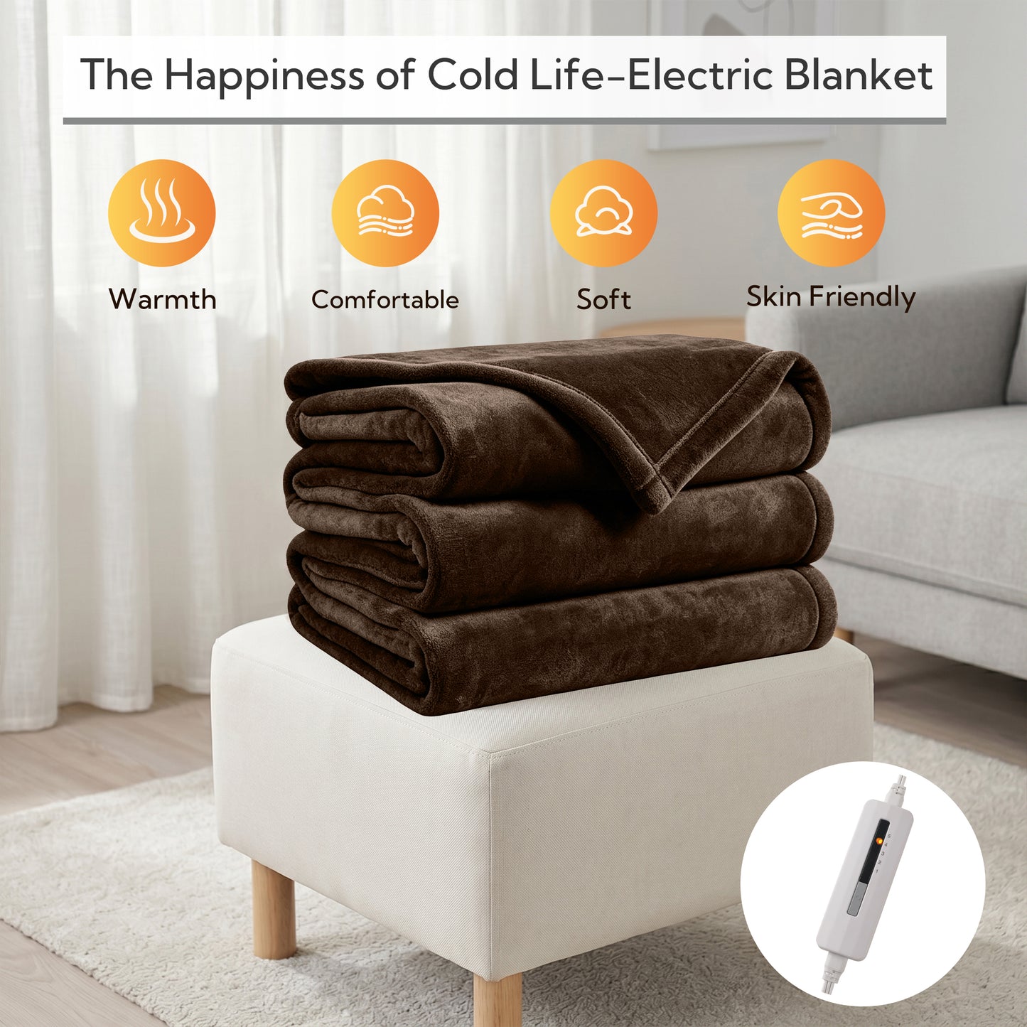SUNNY HEAT Electric Heated Blanket Full Size 72" x 84" Soft Flannel with 5 Levels Heating & 10Hs Auto off, Machine Washable, Cola Brown