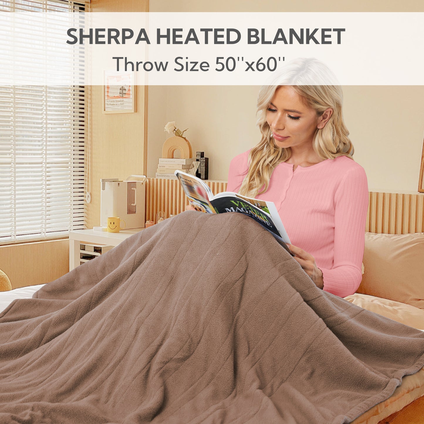 Electric Heated Blanket 50'' x 60'', Soft and Comfortable Sherpa Electric Blanket, Linen