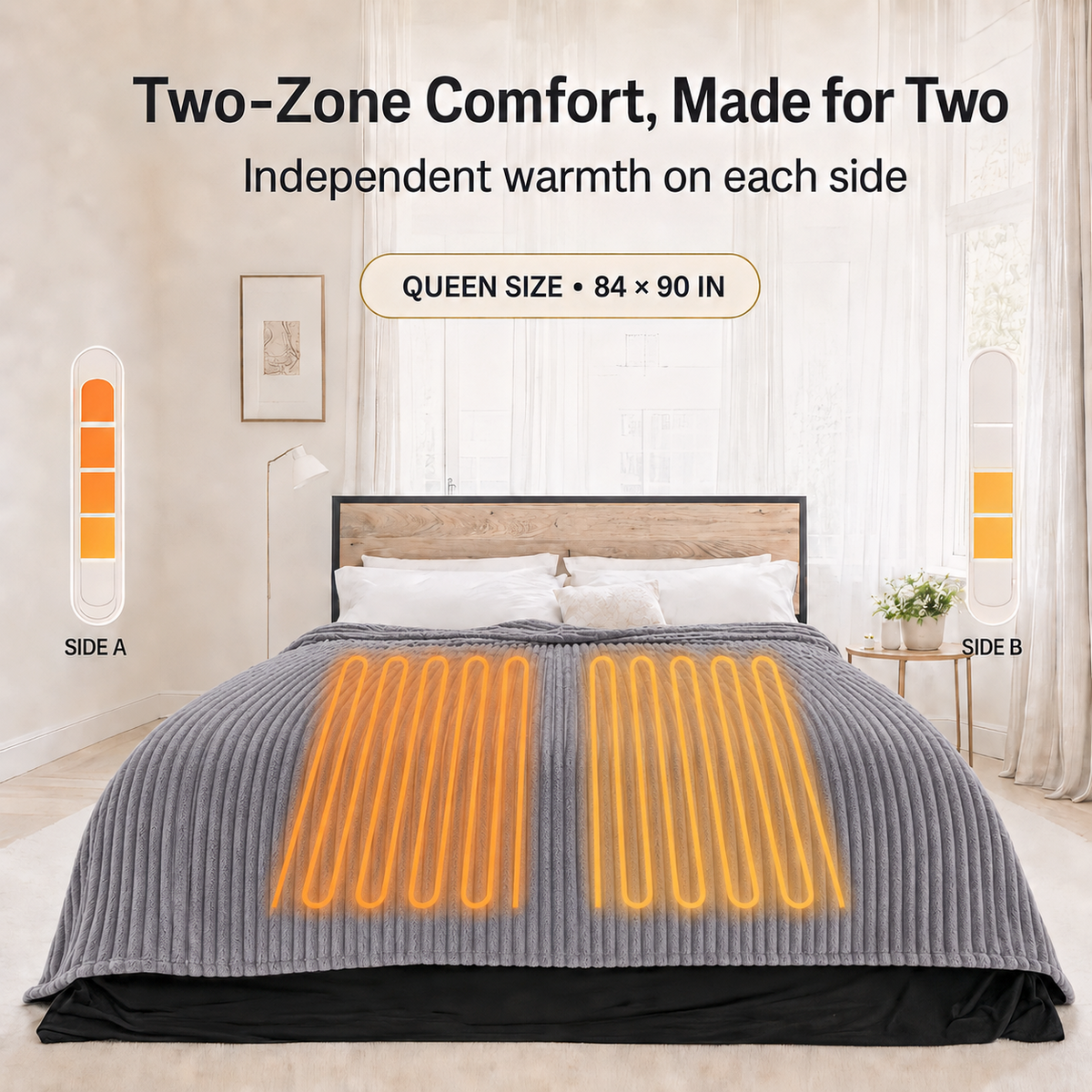 SUNNY HEAT Heated Electric Blanket Ribbed Flannel 84"x90" Queen Size - 10 Heating Settings & 2/4/6/8/10/12 Hours Auto off, Quick Heating Washable - Grey