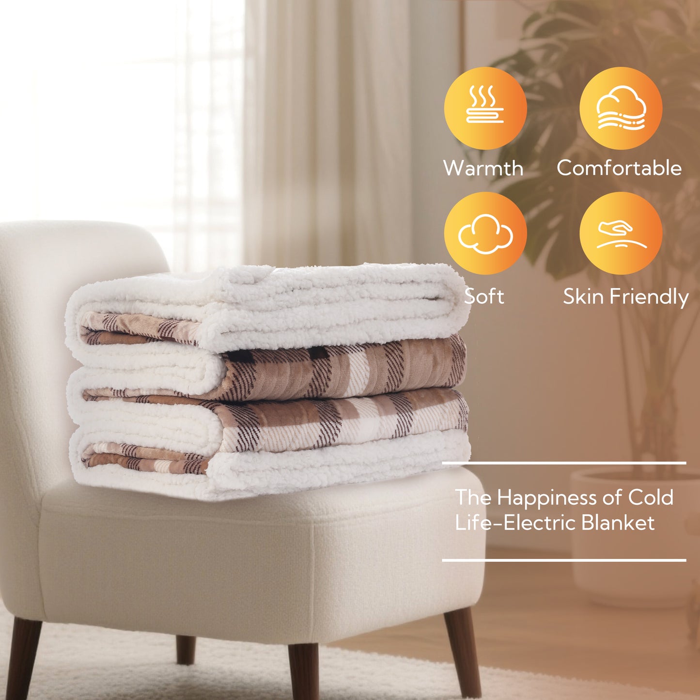 SUNNY HEAT Electric Heated Blanket 72"x84" Full Size, 10 Heating Levels & 12 H Auto Shut Off, Cotton & Microplush Plaid, Brown