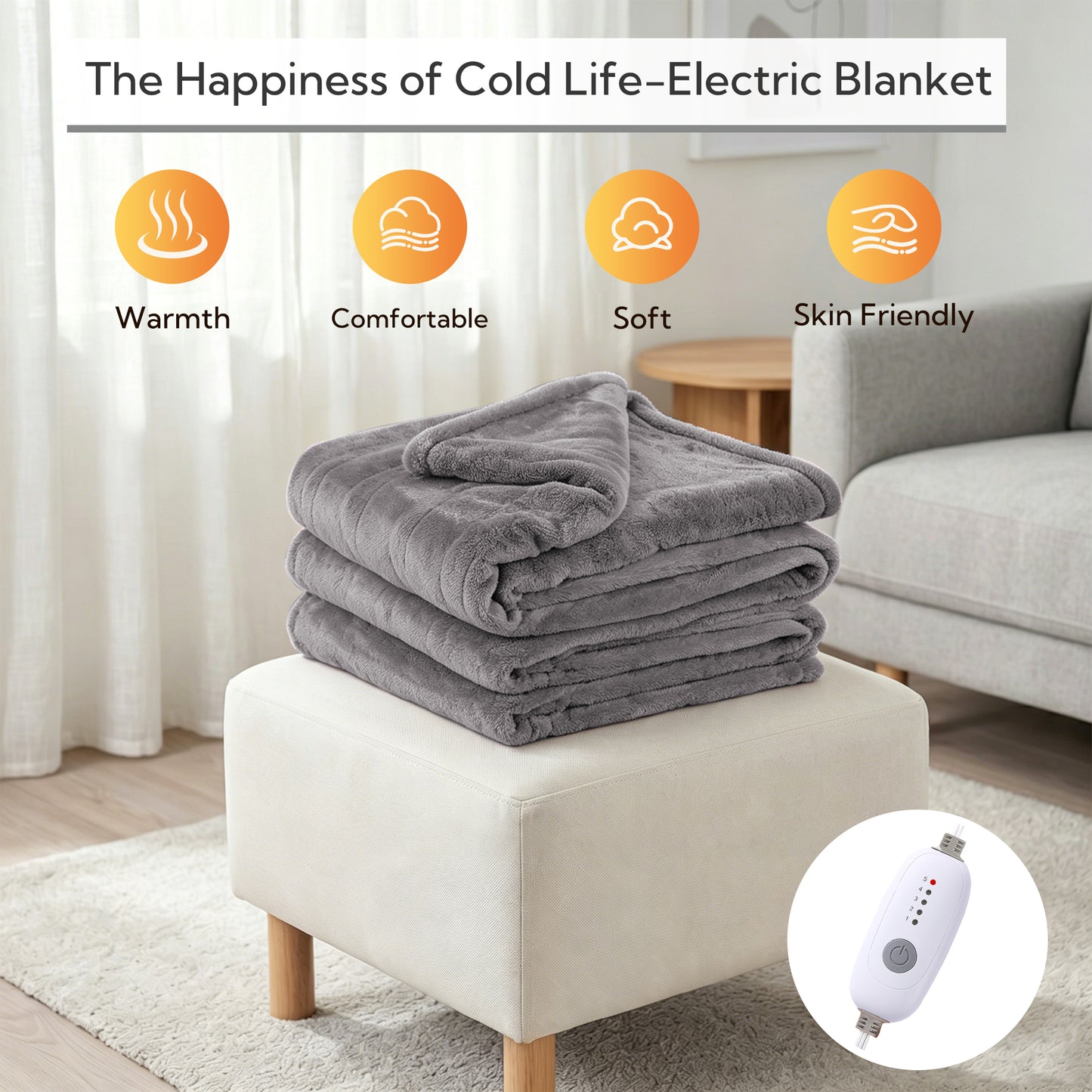 SUNNY HEAT Electric Heated Blanket Twin Size 62" x 84" Soft Flannel with 5 Levels Heating & 10Hs Auto off, Machine Washable, Light Gray