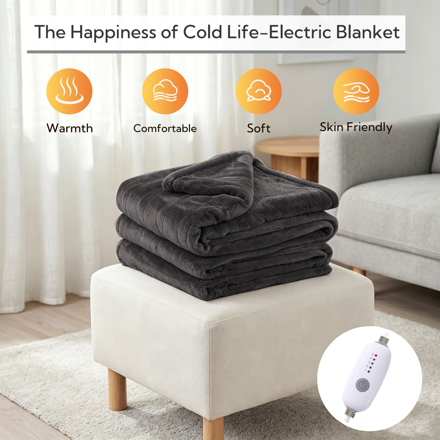 SUNNY HEAT Electric Heated Throw 50" x 60" Soft Flannel , 5 Levels Heating & 3Hs Auto off, Machine Washable, Dark Gray