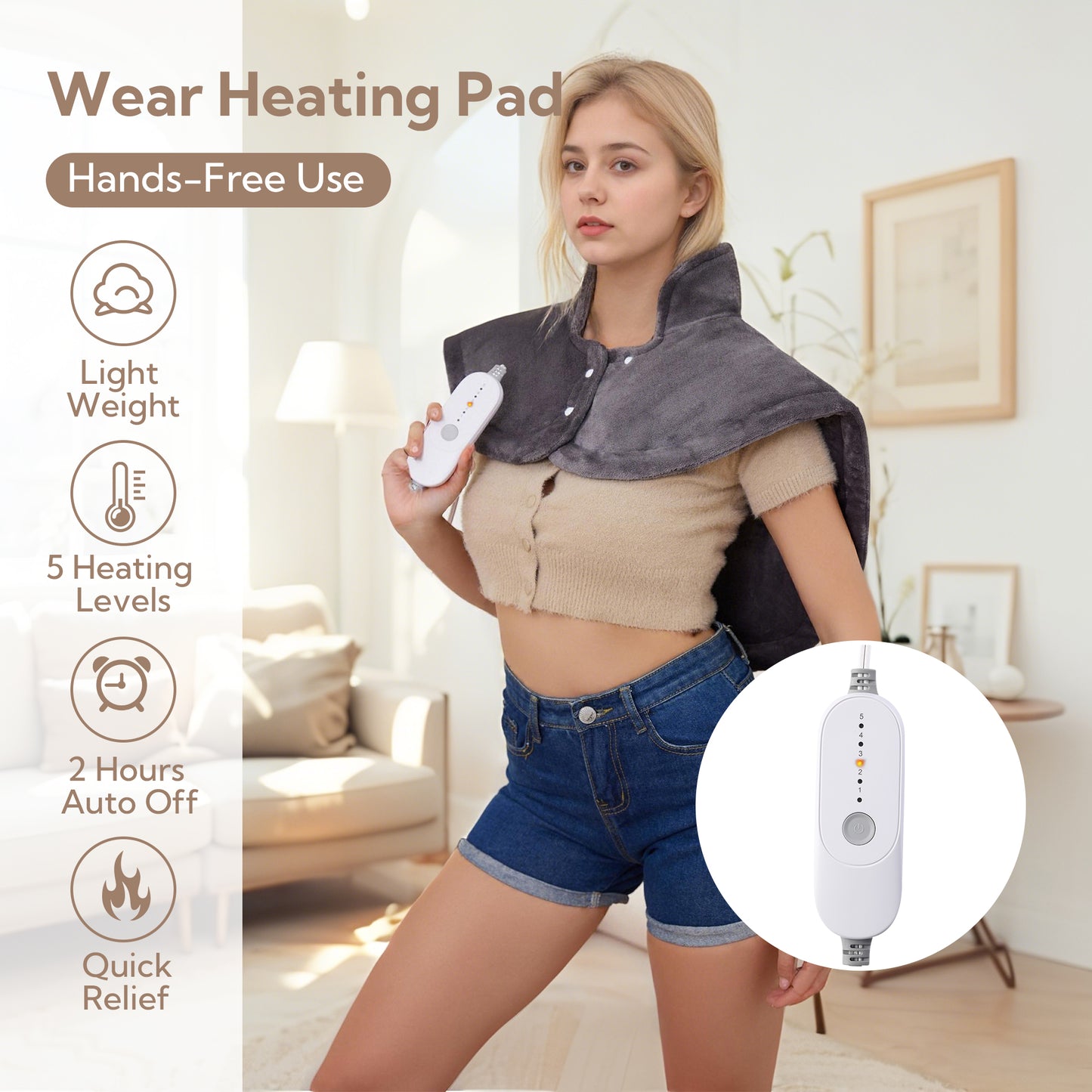 SUNNY HEAT Soft Flannel Shoulder Heating Pad 24x27 inches Gray - Electric Neck & Shoulder Pain Relief (1 Piece)