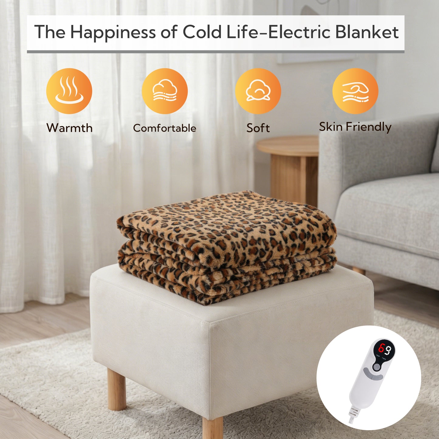 SUNNY HEAT Electric Heated Blanket Queen Size 84"x 90" Soft Flannel with 9 Levels Heating & 10Hs Auto off, Machine Washable, Classic Leopard Print