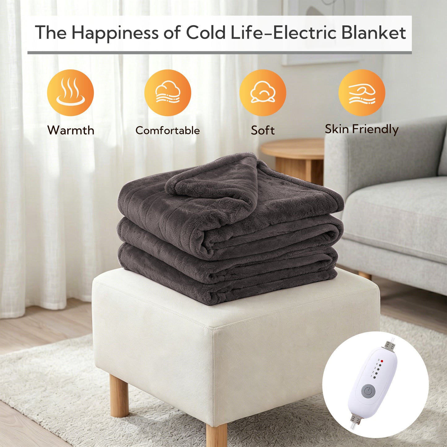 SUNNY HEAT Electric Heated Blanket Twin Size 62" x 84" Soft Flannel with 5 Levels Heating & 10Hs Auto off, Machine Washable, Dark Gray