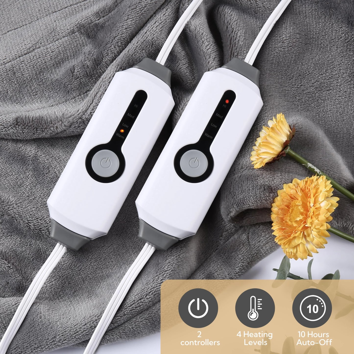 SUNNY HEAT Electric Heated Blanket Flannel King Size 90" x 100" Dual Control, 4 Heating Settings & 10 Hours Auto Off, Light Grey