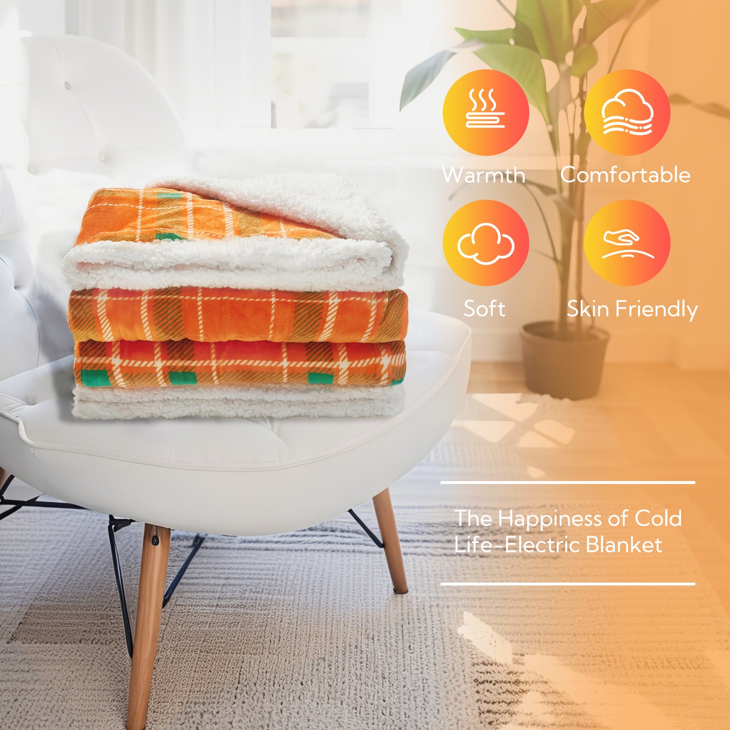 SUNNY HEAT Electric Heated Blanket 72"x84" Full Size, 10 Heating Levels & 12 H Auto Shut Off, Cotton & Microplush Plaid, Orange