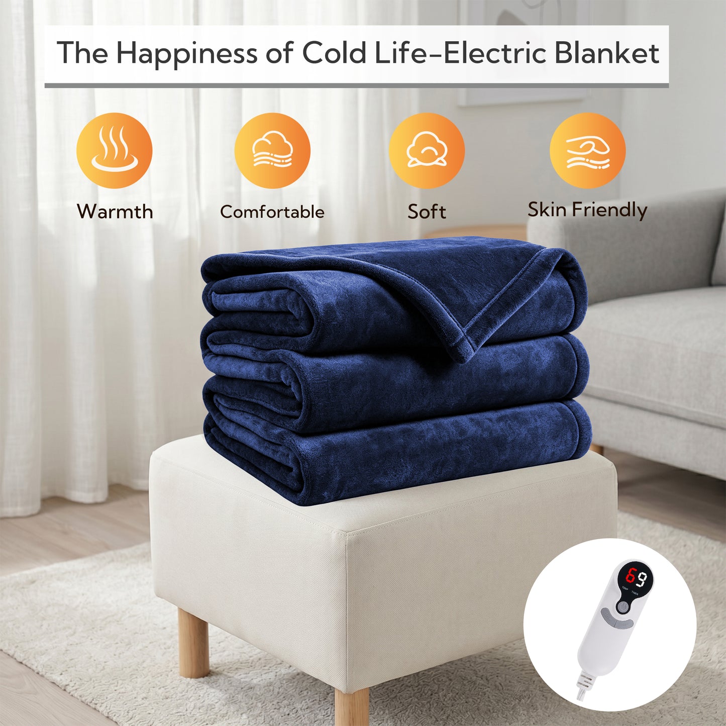 SUNNY HEAT Electric Heated Blanket Queen Size 84" x 90" Soft Flannel with 9 Levels Heating & 10Hs Auto off, Dual Controllers, Machine Washable, Navy Blue
