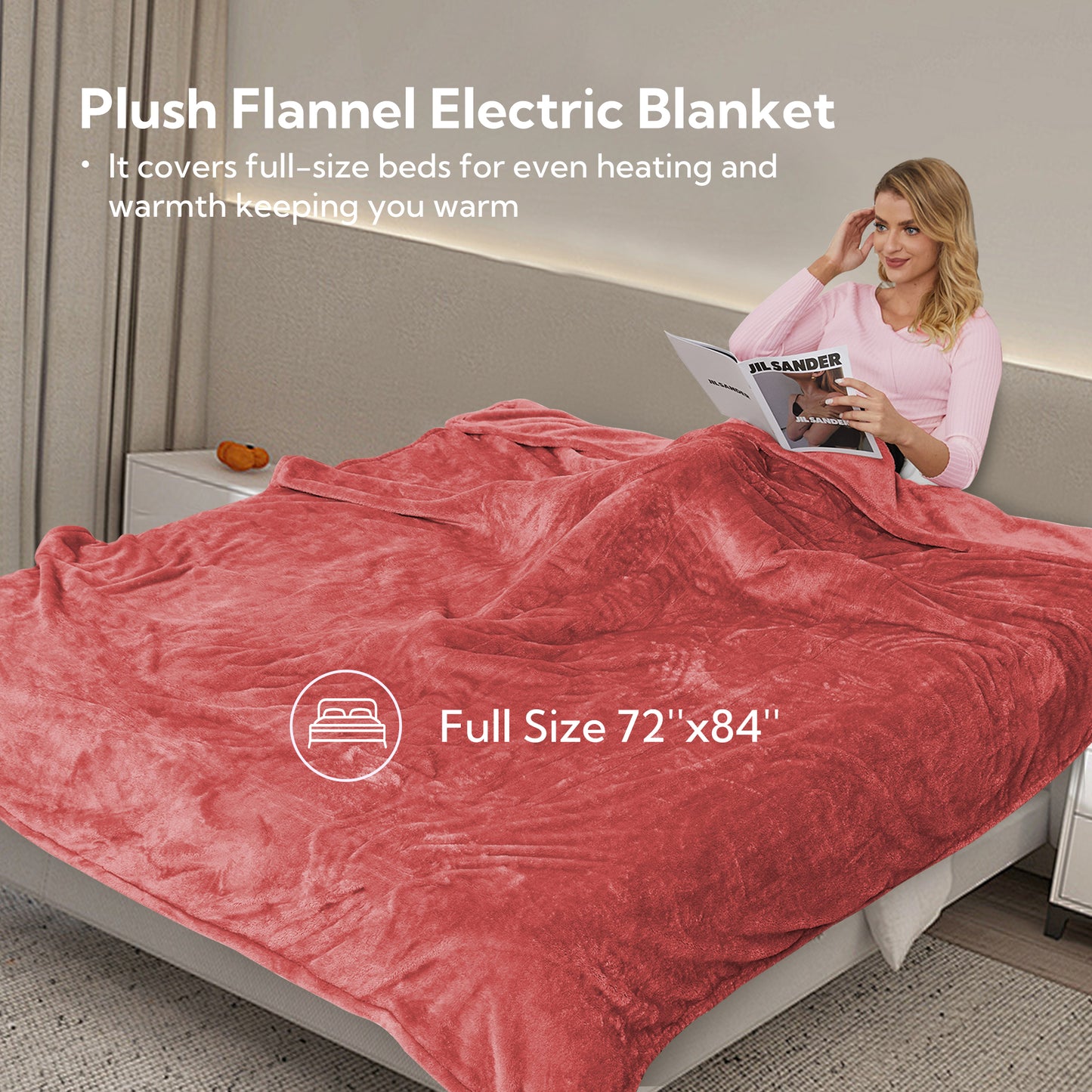 Electric Heated Blanket 72'' x 84'', Soft and Lightweight Plush Double-Sided Flannel Electric Blanket, Brick Red