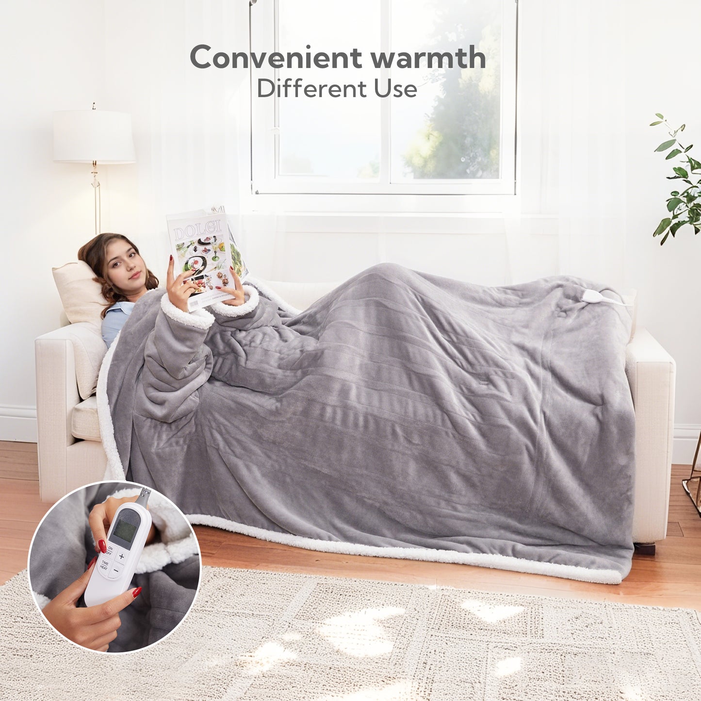 SUNNY HEAT Wearable Electric Heated Blanket 50"x70" , Soft Flanne & Cotton Fleecel,Warm and Cozy, Bed, Sofa,Travel Use,light grey