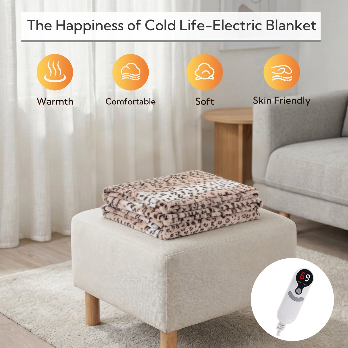 SUNNY HEAT Electric Heated Blanket Full Size 72"x 84" Soft Flannel with 9 Levels Heating & 10Hs Auto off, Machine Washable, Beige Leopard Print