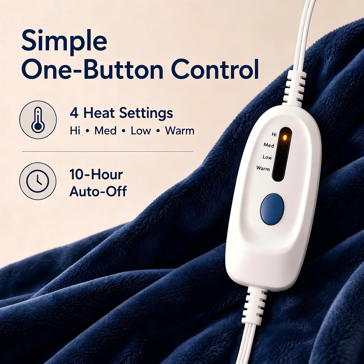 SUNNY HEAT Electric Blanket Heated Twin 62" x 84" -Fast Heating 4 Levels & 10H Auto off, Warm Soft Fannel Machine Washable, for Bed/Couch/Office, Dark Blue