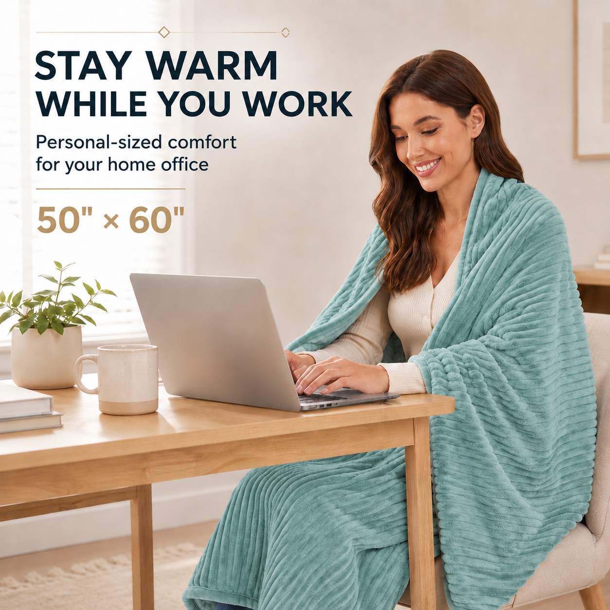 SUNNY HEAT Heated Electric Blanket Ribbed Flannel 50"x60" Throw Size - 9 Heating Levels & 1-10 Hours Auto Off, Thick and Warm Washable - Pea Green