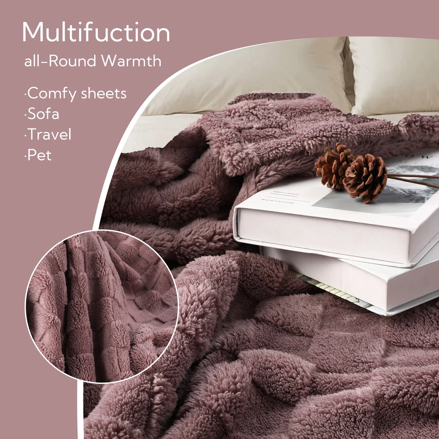 SUNNY HEAT Sherpa Blanket Queen Size 60''x80'' All-Season Lightweight Ultra Soft Bed Blanket Couch, Bed, Sofa, Travel Use, Gift, Berry