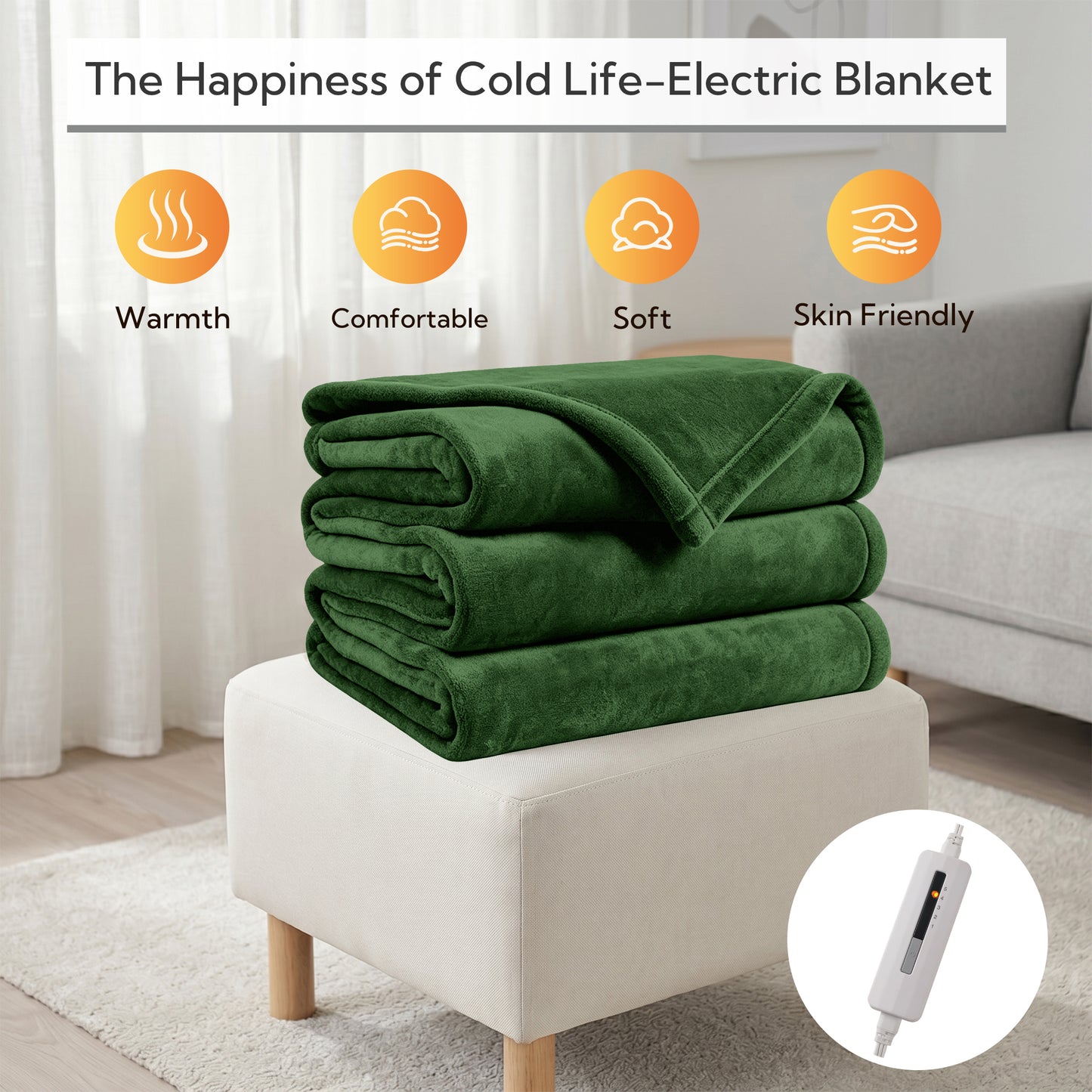 SUNNY HEAT Electric Heated Blanket Full Size 72" x 84" Soft Flannel with 5 Levels Heating & 10Hs Auto off, Machine Washable, Pine Green