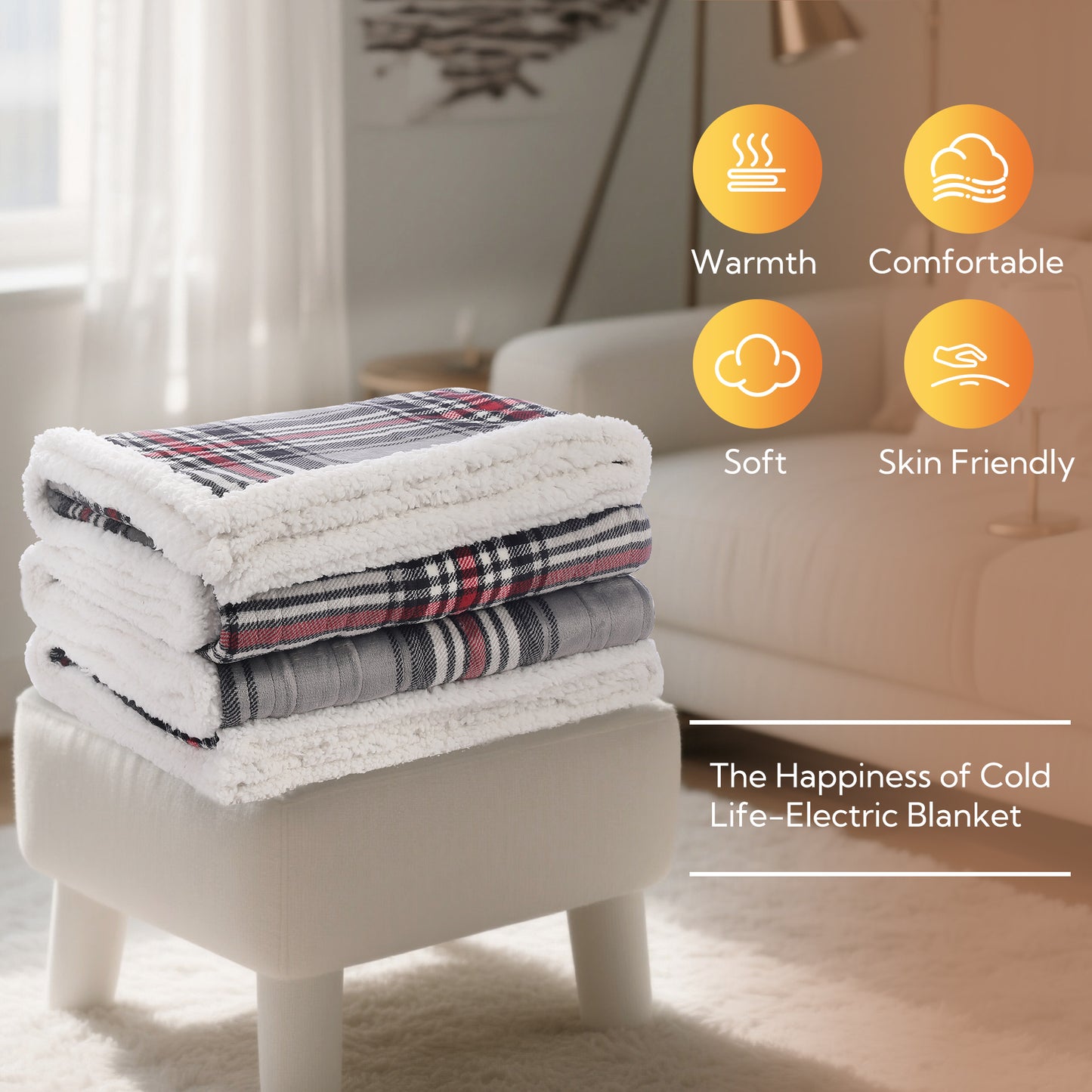 SUNNY HEAT Electric Heated Blanket 72"x84" Full Size, 10 Heating Levels & 12 H Auto Shut Off, Cotton & Microplush Plaid, Gray & Red