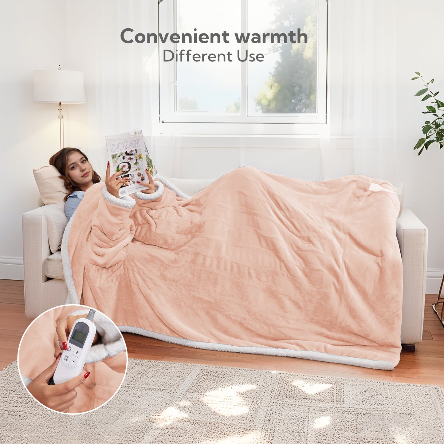 SUNNY HEAT Wearable Electric Heated Blanket 50"x70" , Soft Flanne & Cotton Fleecel,Warm and Cozy, Bed, Sofa,Travel Use,light pink