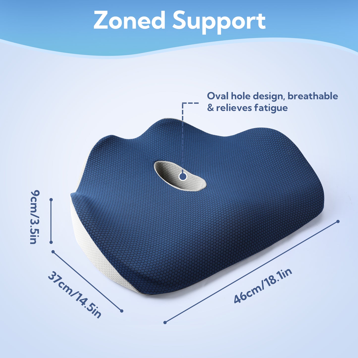 SUNNY HEAT Orthopedic Memory Foam Chair Cushion 17x14x3 - Pressure Relief Pad for Sitting, Coccyx Sciatica Pain Relief, Non-Slip Blue & White Cushion for Office Car Wheelchair
