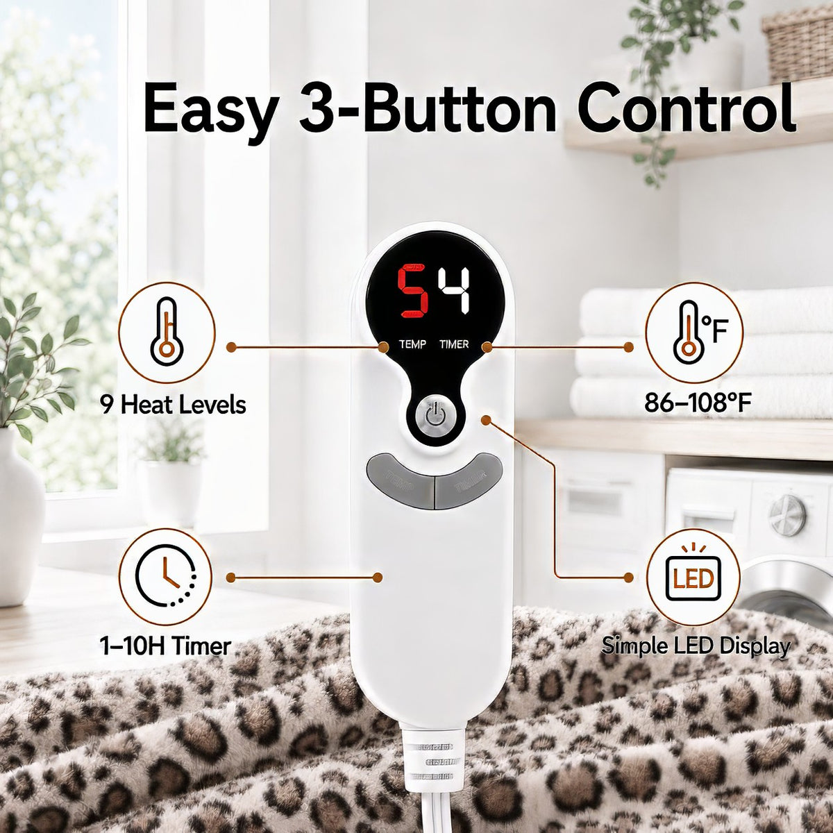 SUNNY HEAT Electric Blanket Heated Throw 50" x 60" -Fast Heating 9 Levels & 10H Auto off, Warm Soft Fannel Machine Washable, for Bed/Couch/Office, Beige Leopard Print