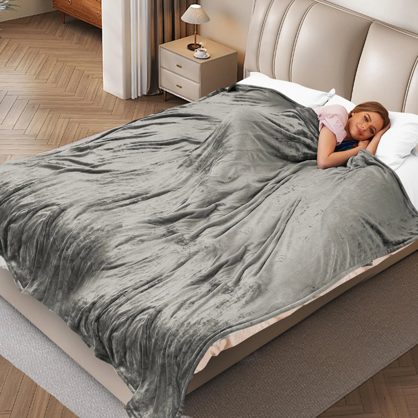 SUNNY HEAT Electric Heated Blanket Flannel Queen Size 84" x 90", 4 Heating Settings & 10 Hours Auto Off, Cozy Dual Control, Light Grey