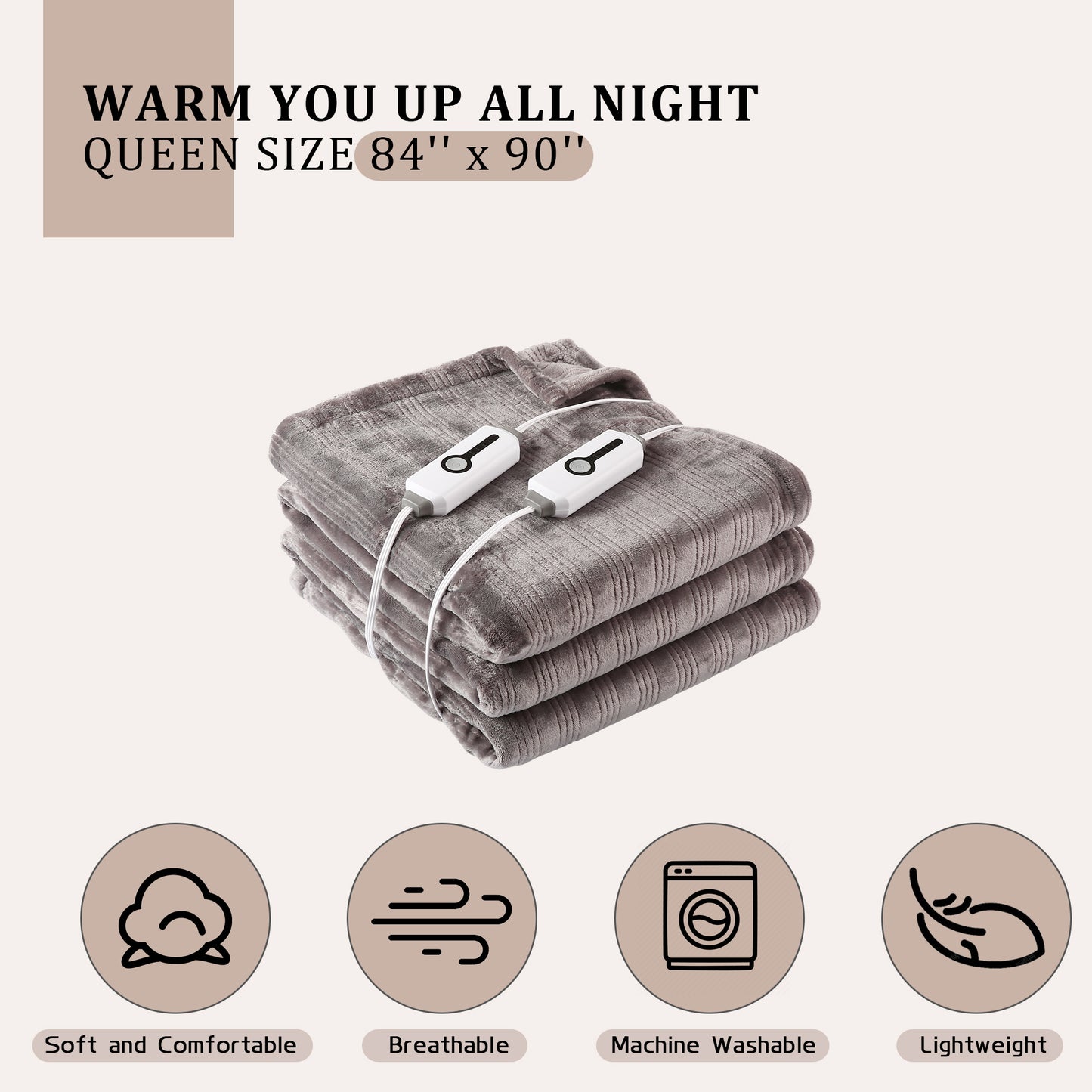 Electric Heated Blanket 84'' x 90'' Queen Size Flannel Machine Washable, Warm and Cozy all Night, Dual Control-Grey