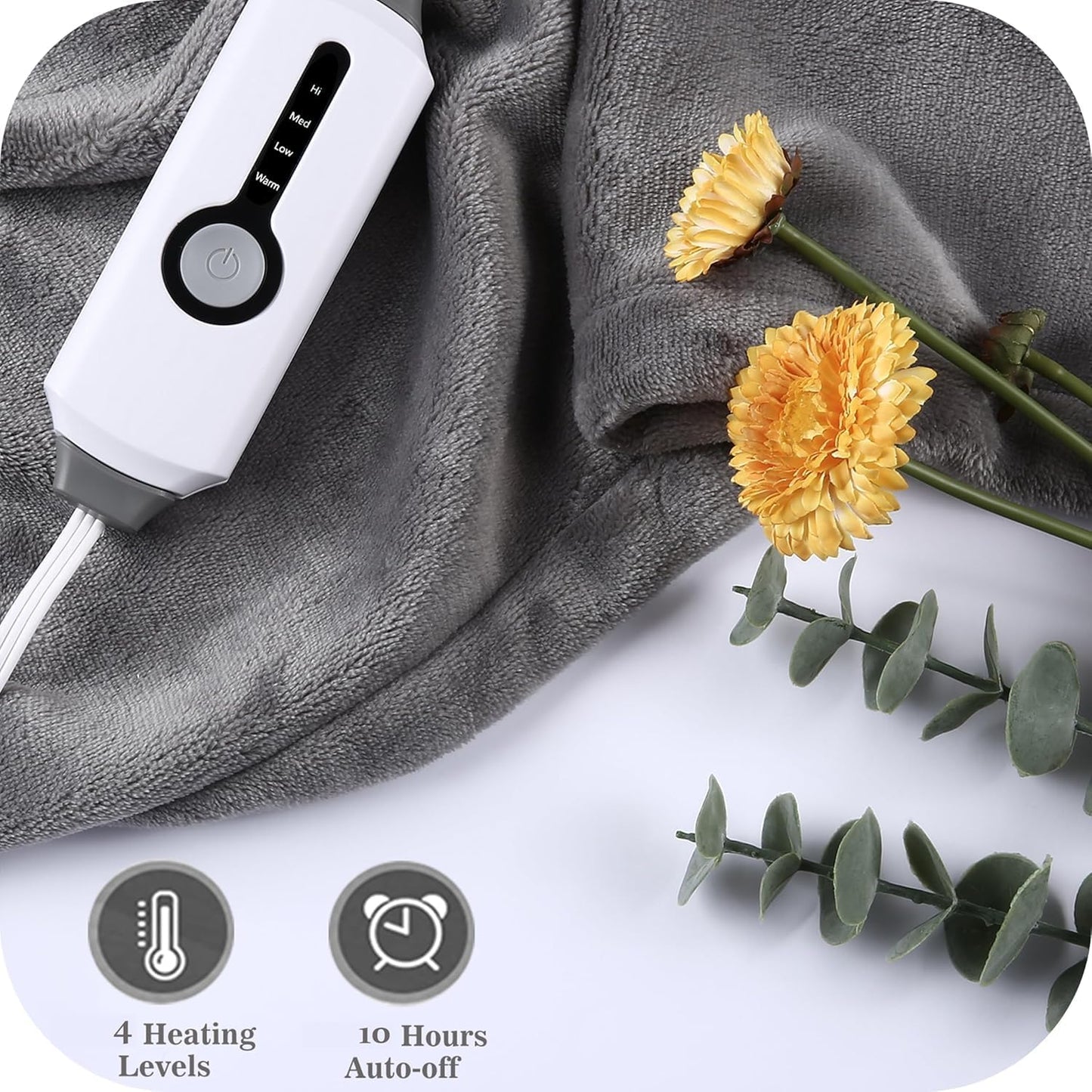 SUNNY HEAT Electric Heated Blanket Flannel 72" x 84" Full Size-4 Heating Settings &amp; 10 Hours Auto Off, Warm Machine Washable- Light Gray