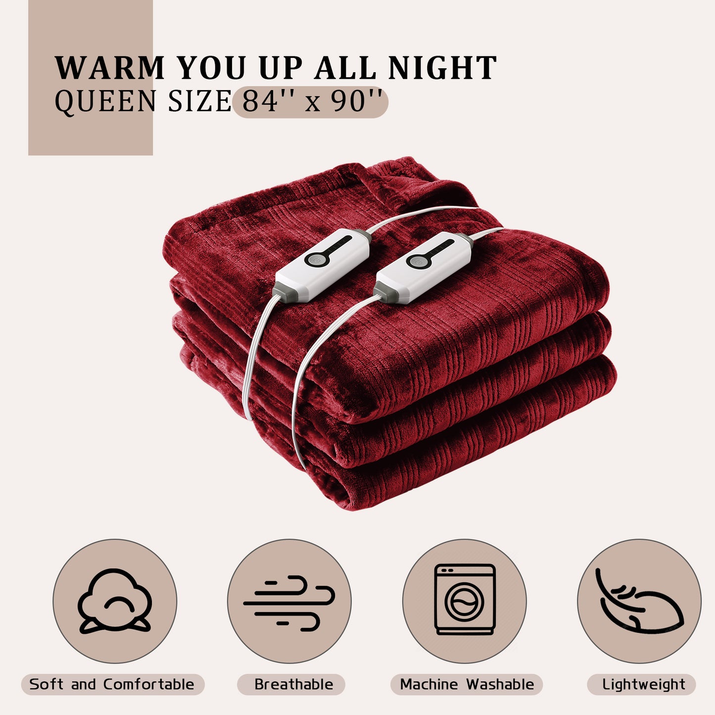 Electric Heated Blanket 84'' x 90'' Queen Size Flannel Machine Washable, Warm and Cozy all Night, Dual Control-Dark Red