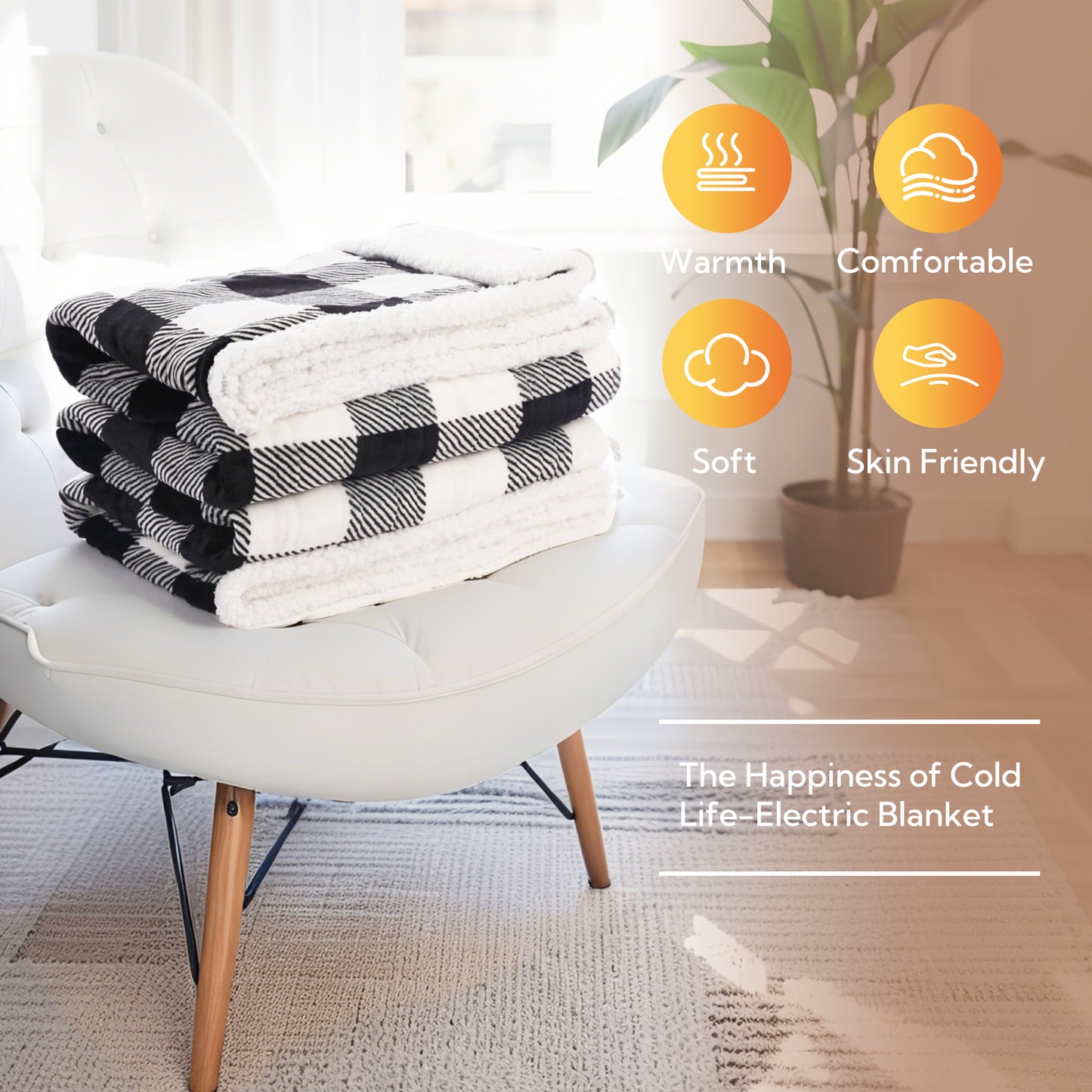 SUNNY HEAT Electric Heated Blanket 72"x84" Full Size, 10 Heating Levels & 12 H Auto Shut Off, Cotton & Microplush Plaid, Black & White