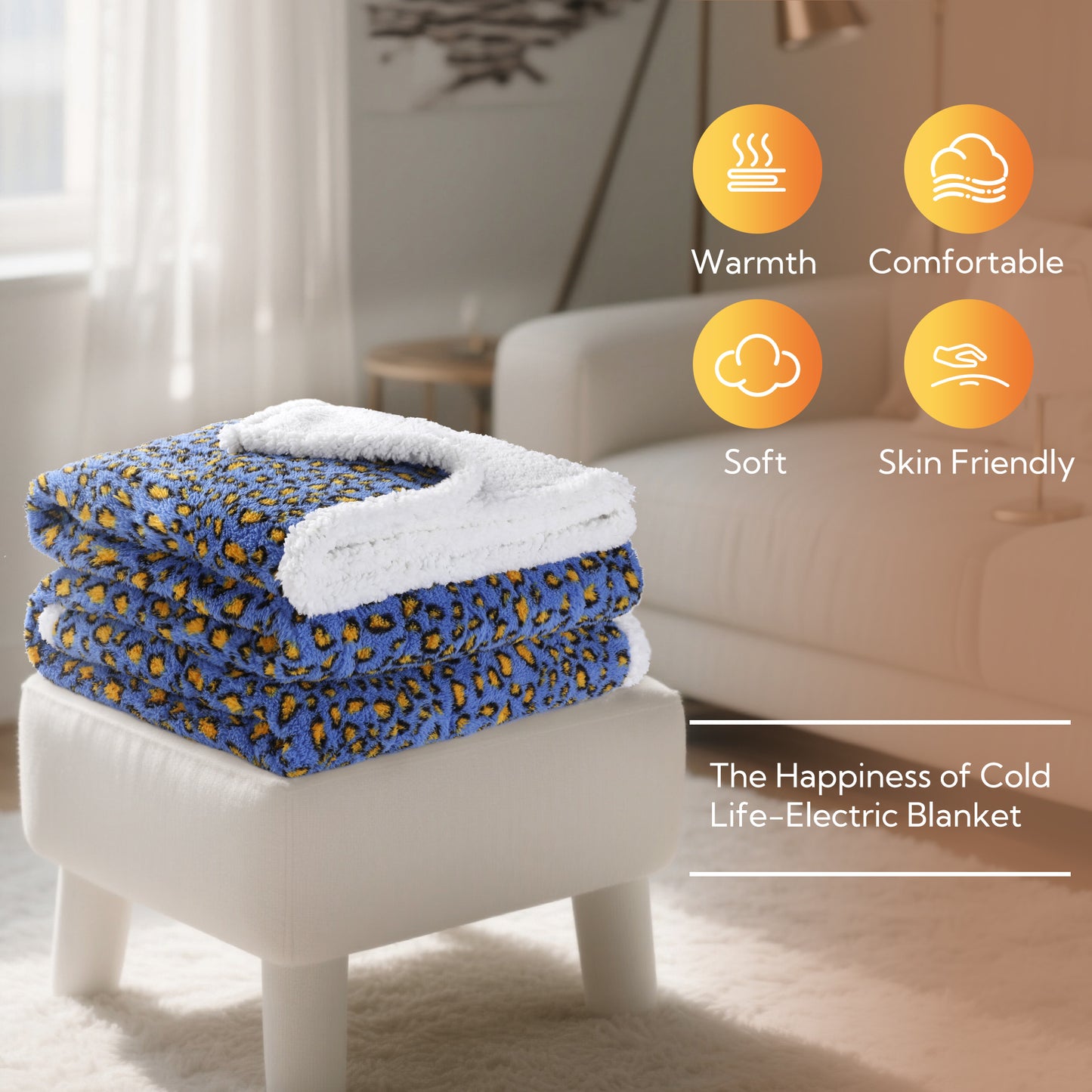 SUNNY HEAT Heated Electric Blanket Full Size 72'' x 84'' 6 Heating Levels & 1-10 Hours Auto Off , Leopard Blue & Yellow