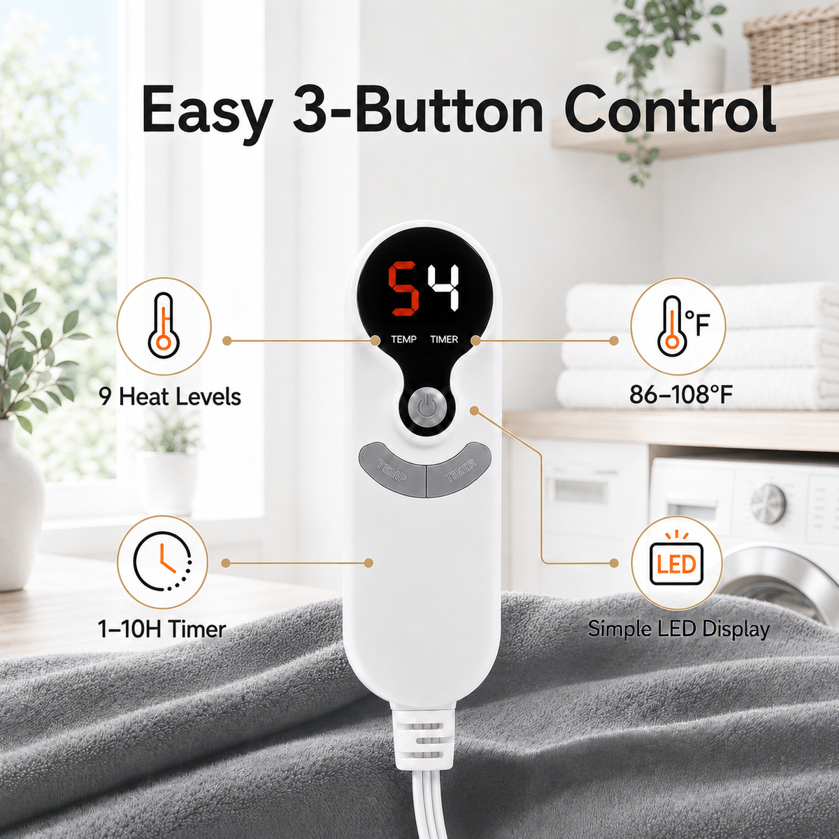 SUNNY HEAT Electric Blanket Heated Queen 84" x 90" -Fast Heating 9 Levels & 10H Auto off, Warm Soft Fannel Machine Washable, for Bed/Couch/Office, Light Grey