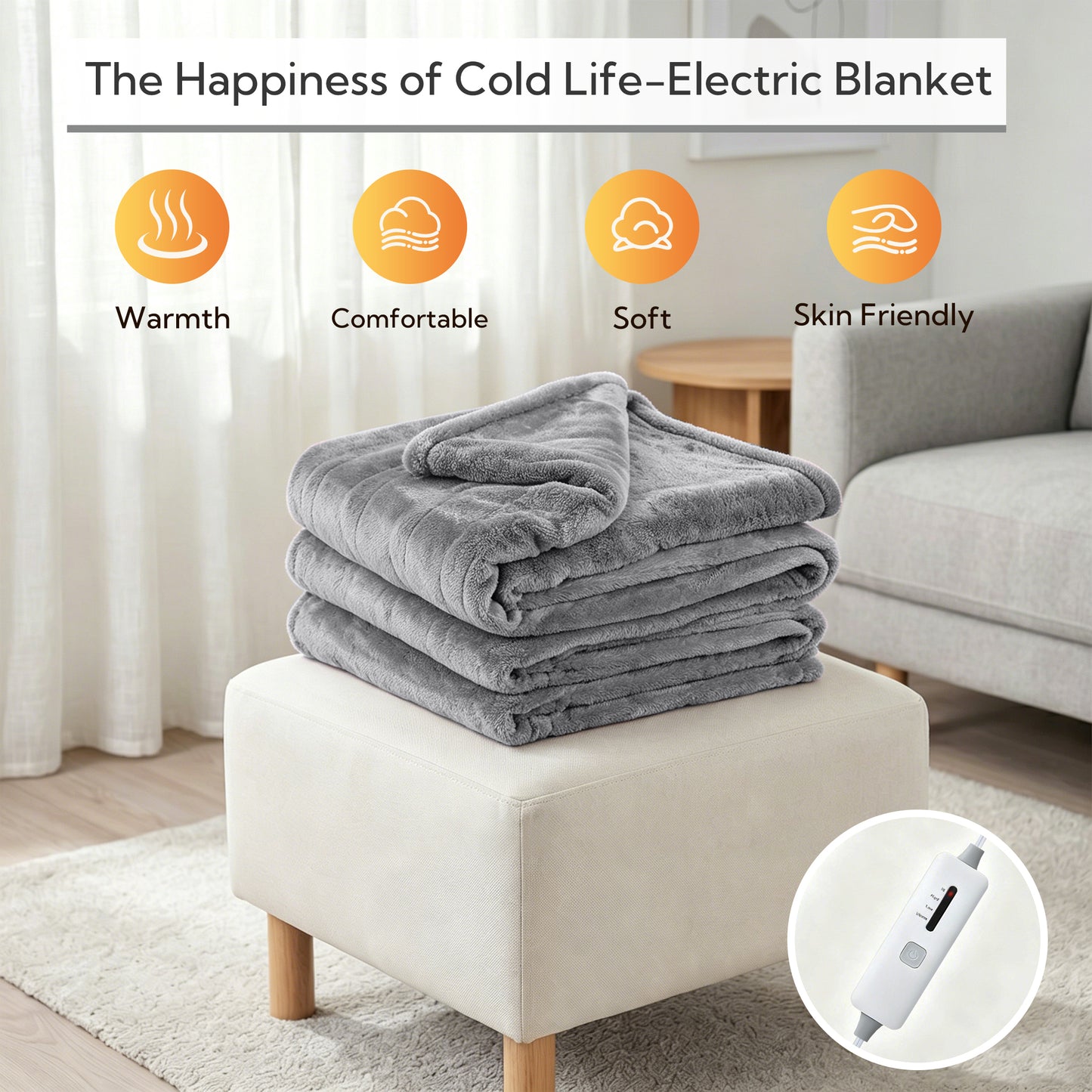 SUNNY HEAT Electric Heated Throw 50" x 60" Soft Flannel with Encrypted Heating Ducts, 4 Levels Heating & 3Hs Auto off, Machine Washable, Gray