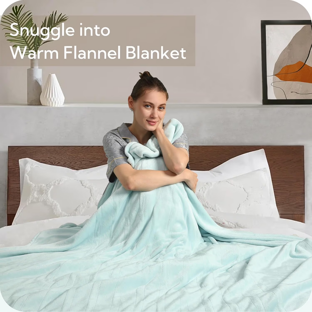 SUNNY HEAT Electric Heated Blanket Queen Size 84" x 90" Soft Flannel with 4 Levels Heating & 10Hs Auto off, Dual Controllers, Machine Washable, Spa Green