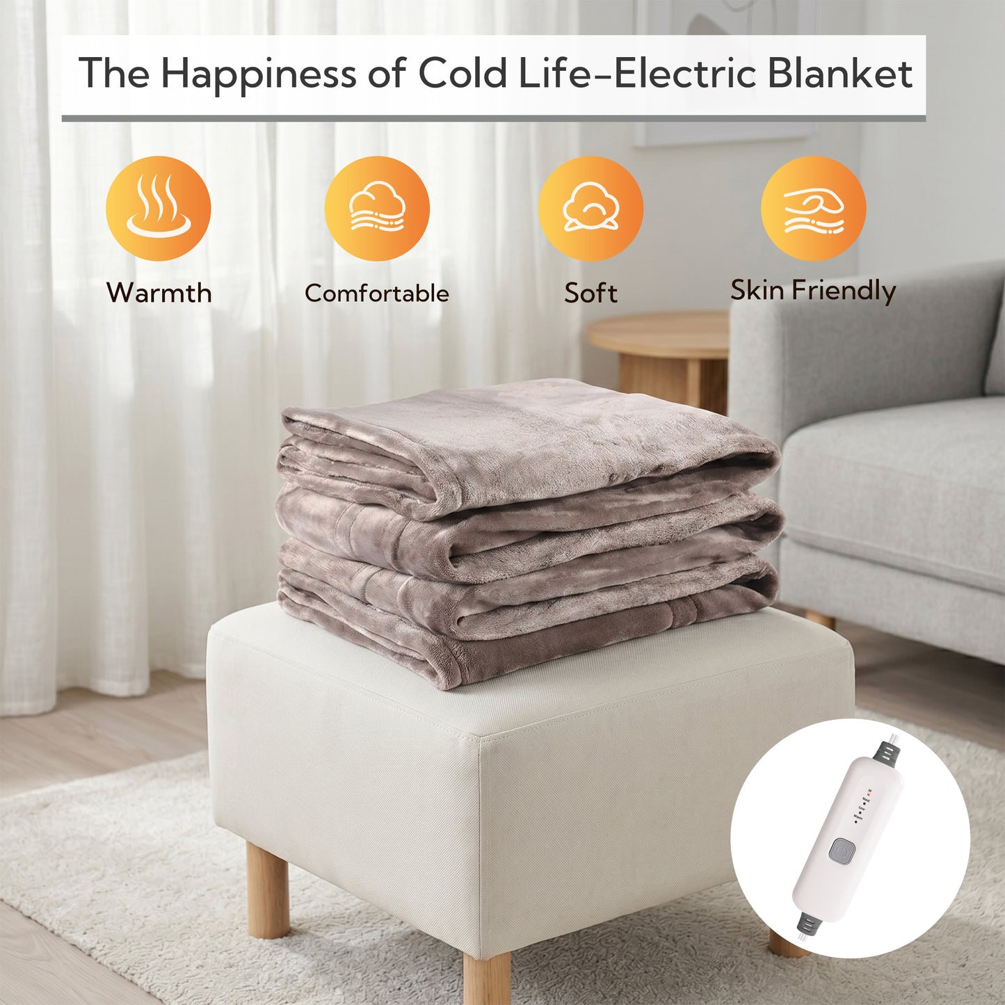 SUNNY HEAT Electric Heated Blanket Full Size 72" x 84" Soft Flannel with 4 Levels Heating & 10Hs Auto off, Machine Washable, Linen