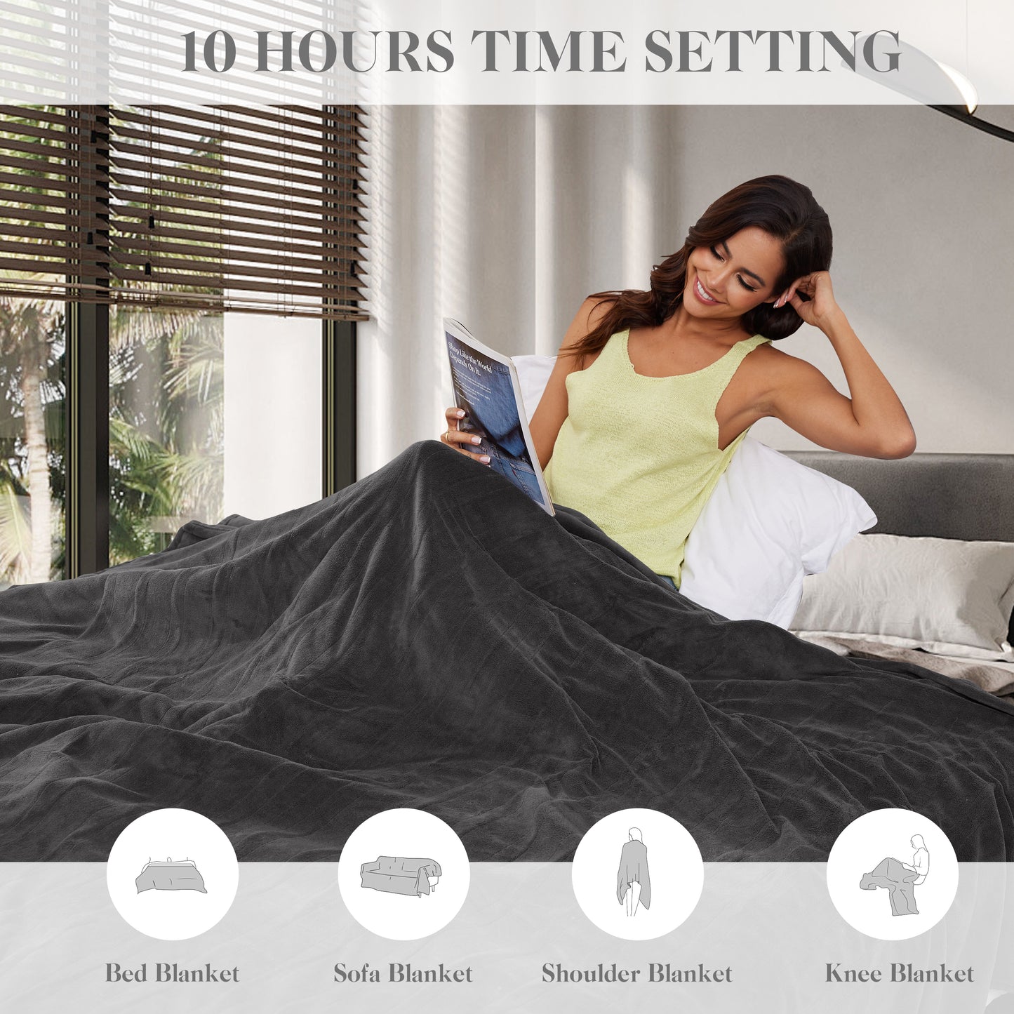 SUNNY HEAT Electric Heated Throw Blanket Coral Fleece 50" x 60" Throw Size-4 Heating Settings & 3 Hours Auto off, Plush Fabric Fast Machine Washablefor-Dark Grey