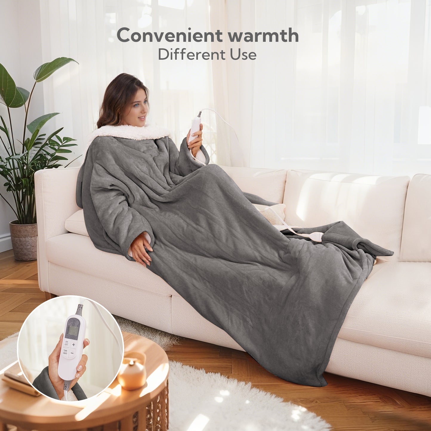 SUNNY HEAT Wearable Electric Heated Blanket 50"x70" , Soft Flanne & Cotton Fleecel,Warm and Cozy, Bed, Sofa,Travel Use,light grey