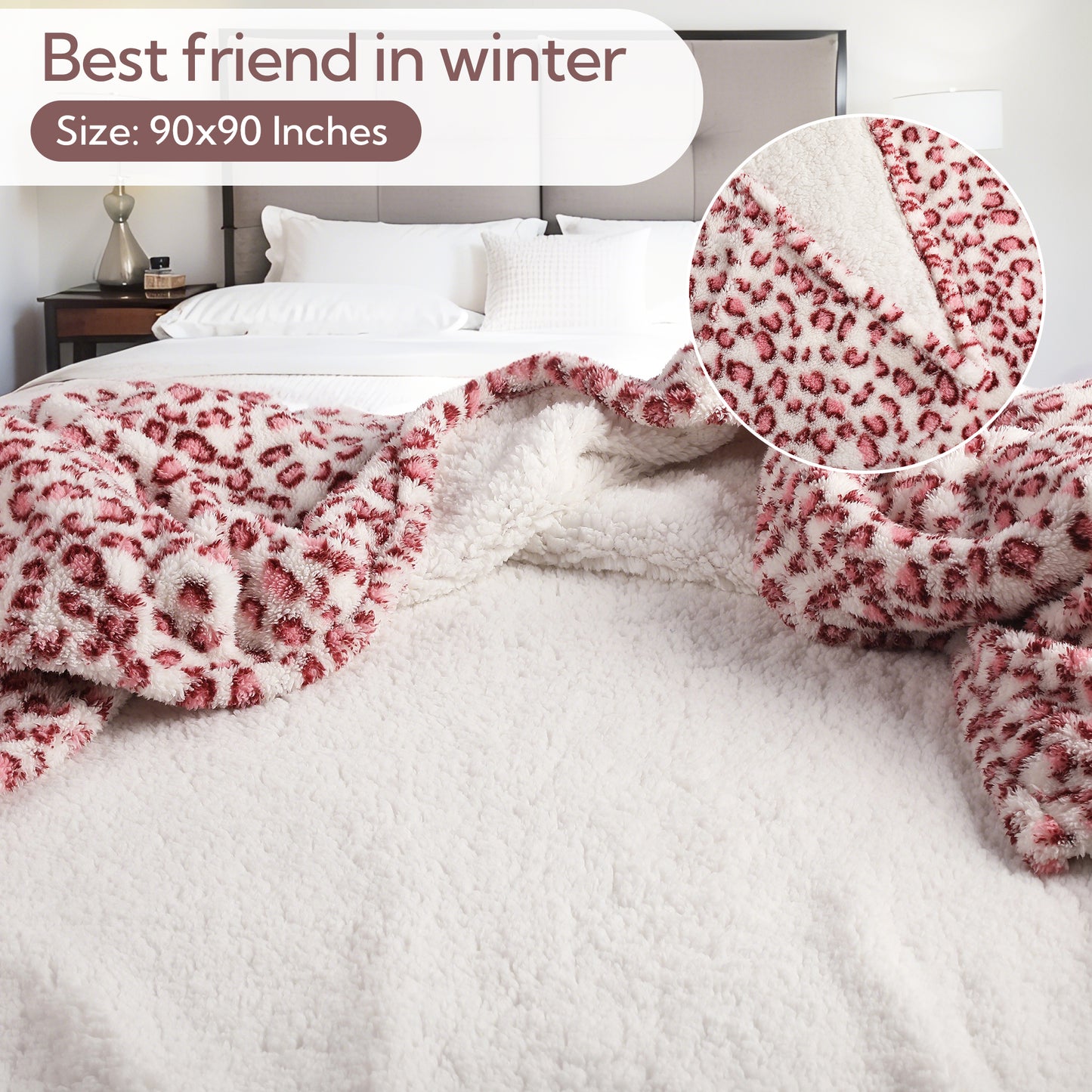 SUNNY HEAT Blanket 90''x90'' All-Season Ultra Soft Bed Blanket Couch, Bed, Sofa, Travel Use, pink and white