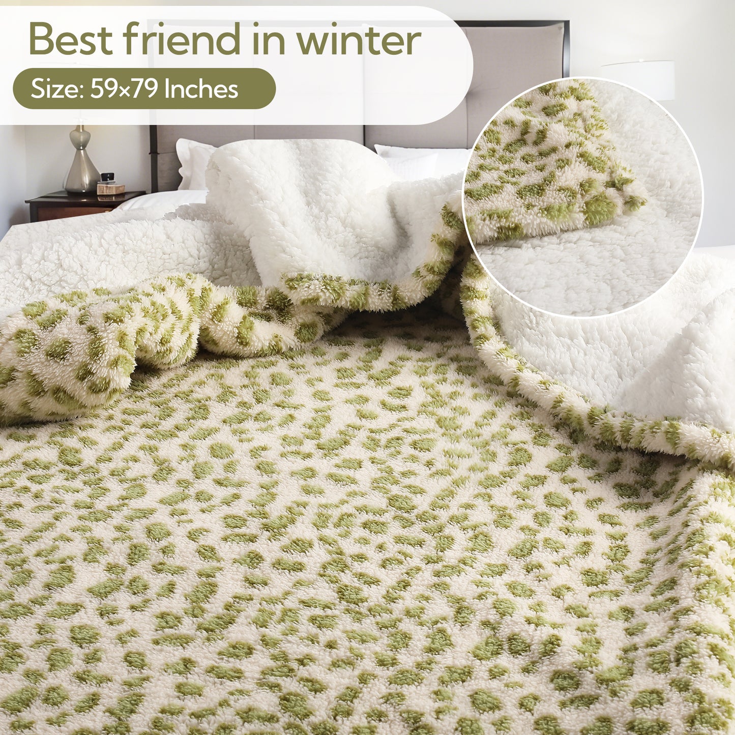 SUNNY HEAT Blanket 60''x80'' All-Season Ultra Soft Bed Blanket Couch, Bed, Sofa, Travel Use, green and white