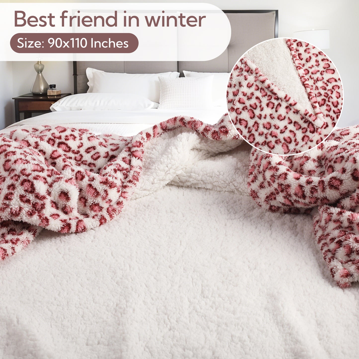 SUNNY HEAT Blanket 90''x110'' All-Season Ultra Soft Bed Blanket Couch, Bed, Sofa, Travel Use, pink and white