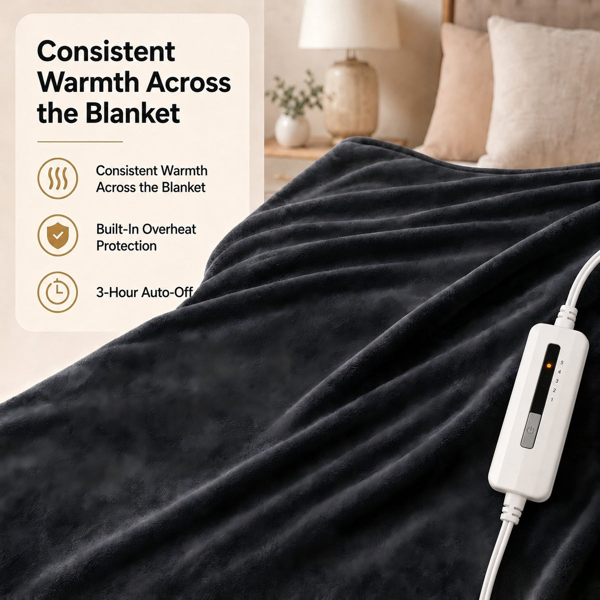 SUNNY HEAT Electric Heated Blanket Throw Flannel 50" x 60" Throw Size-4 Heating Settings & 3 Hours Auto off, Soft Machine Washable-Dark Grey