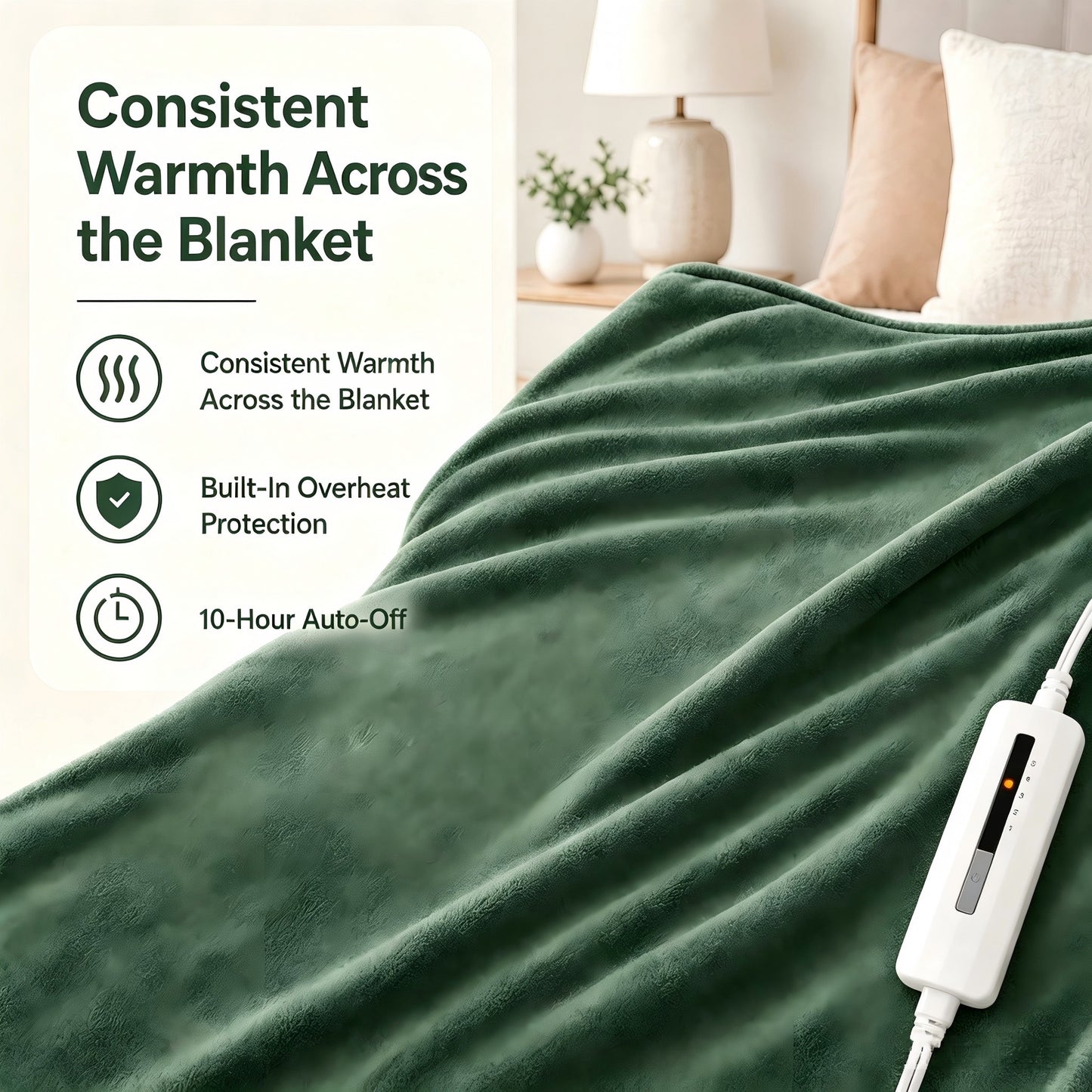 SUNNY HEAT Electric Blanket Heated Twin 62" x 84" -Fast Heating 5 Levels & 10H Auto off, Warm Soft Fannel Machine Washable, for Bed/Couch/Office, Pine Green
