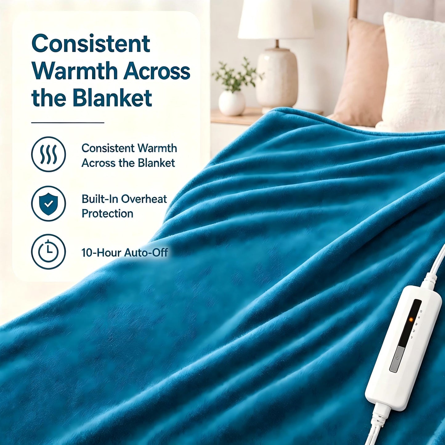 SUNNY HEAT Electric Blanket Heated Twin 62" x 84" -Fast Heating 5 Levels & 10H Auto off, Warm Soft Fannel Machine Washable, for Bed/Couch/Office, Blue Green