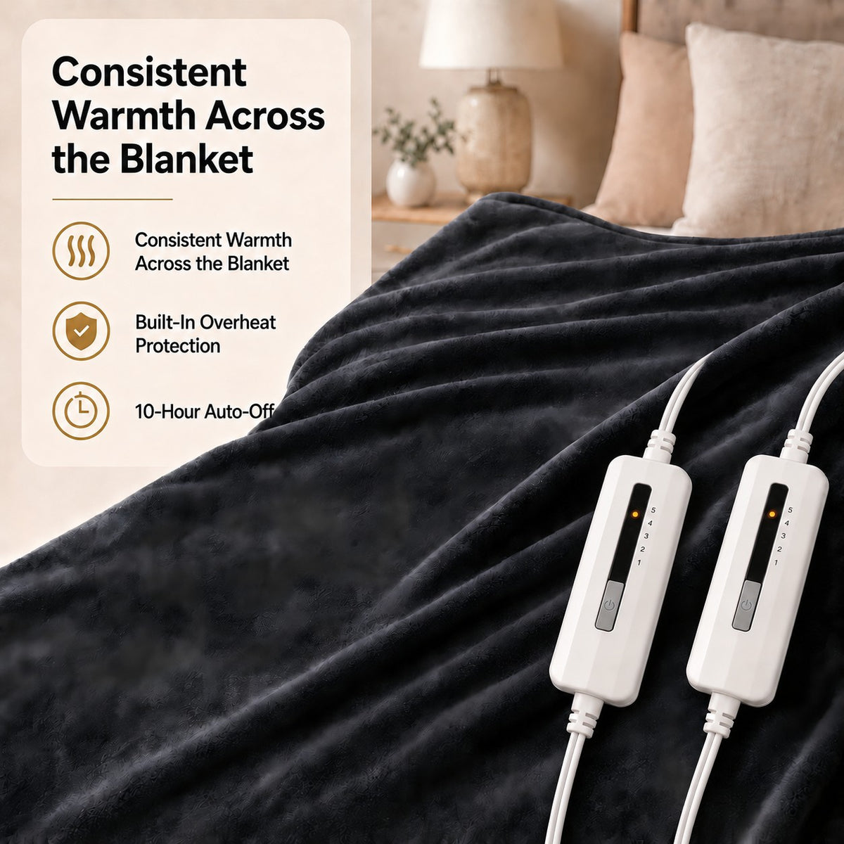 SUNNY HEAT Electric Blanket Heated Queen 84" x 90" -Fast Heating 5 Levels & 10H Auto off, Warm Soft Fannel Machine Washable, for Bed/Couch/Office, Dark Grey