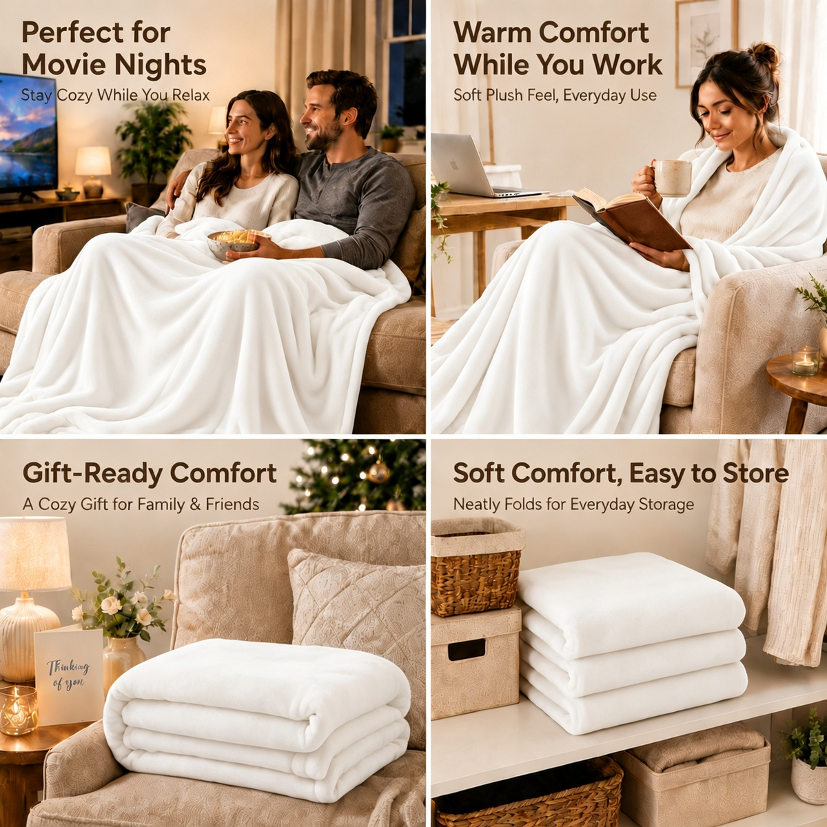 SUNNY HEAT Electric Heated Blanket Flannel 84" x 90" Queen Size-4 Heating Settings & 10 Hours Auto Off, Cozy Machine Washable-White