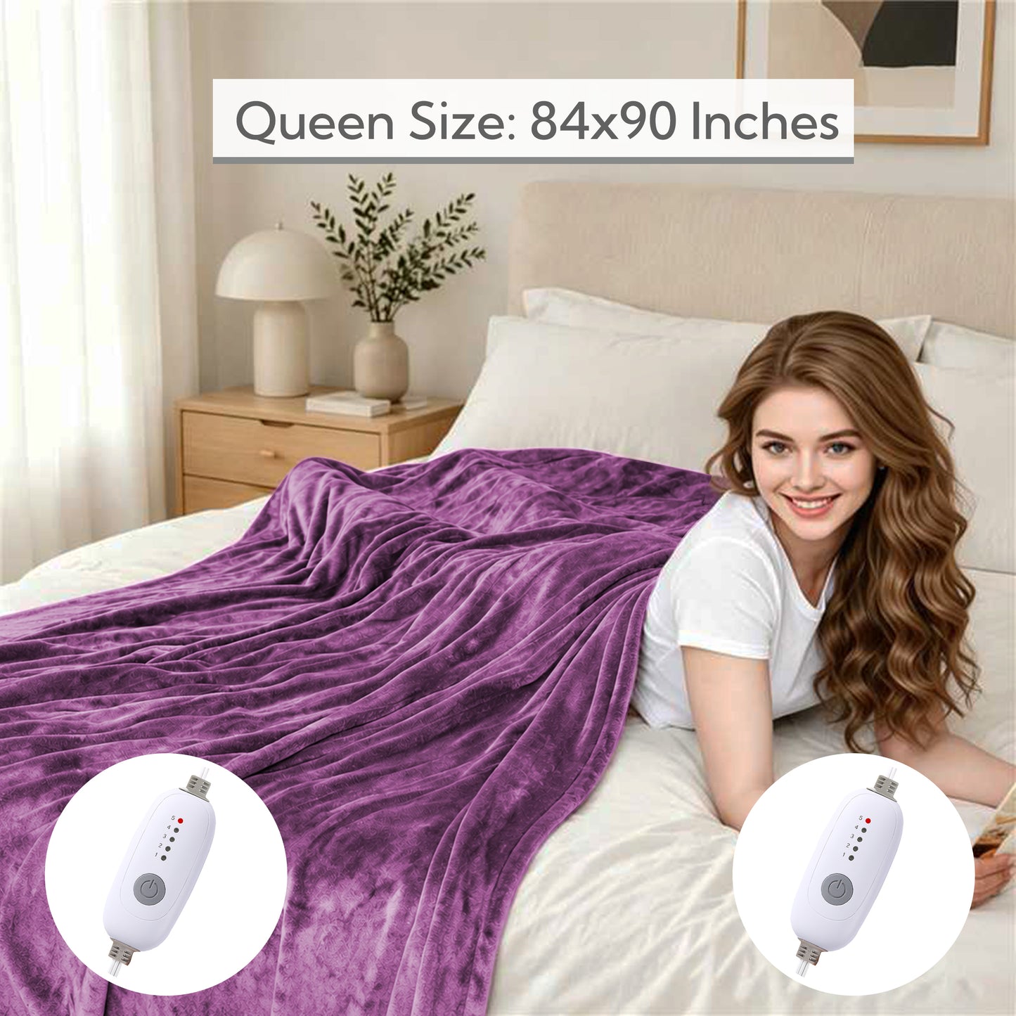 SUNNY HEAT Electric Heated Blanket Queen Size 84" x 90" Soft Flannel with 5 Levels Heating & 10Hs Auto off, Dual Controllers,Dual Zone Temperature Control, Mauve
