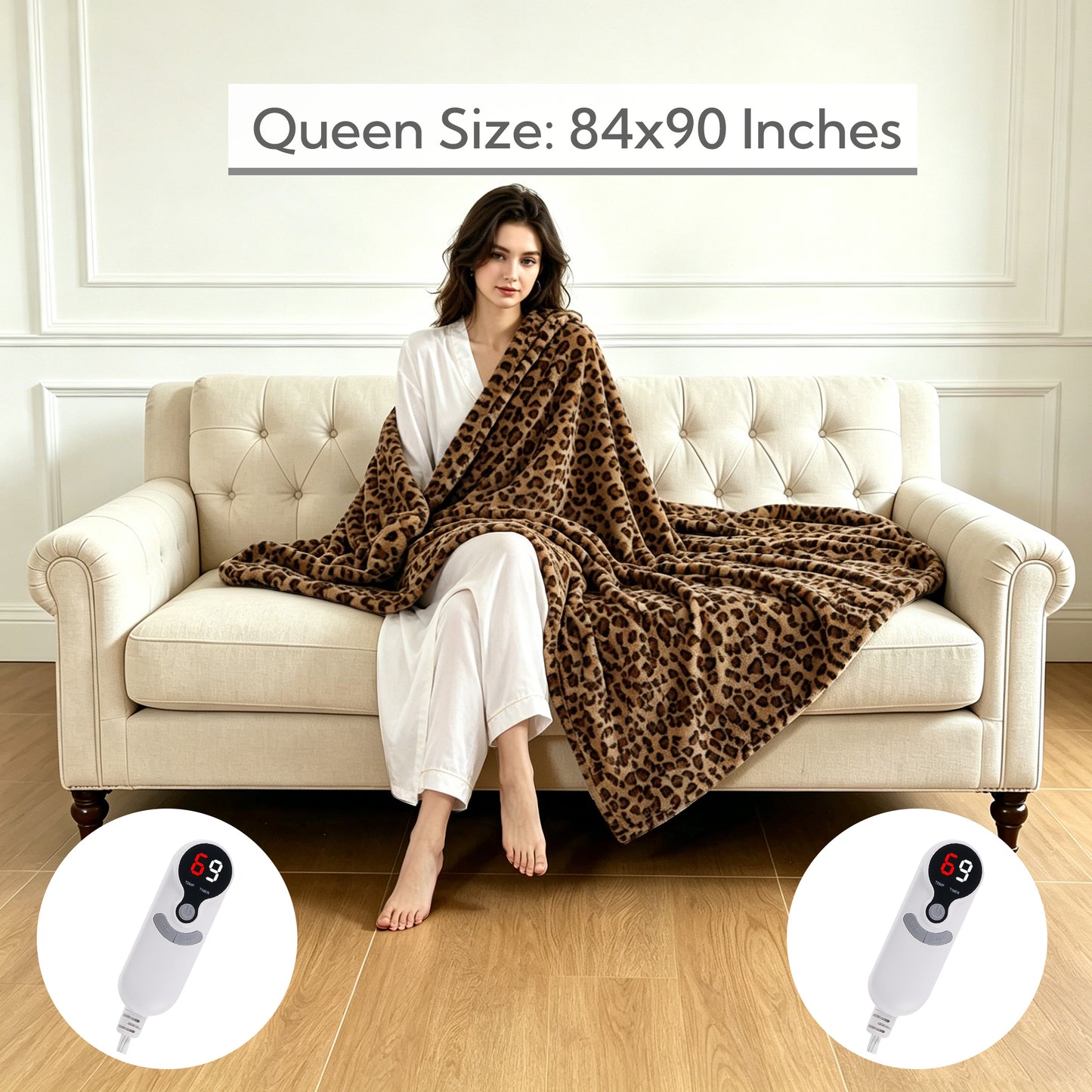 SUNNY HEAT Electric Heated Blanket Queen Size 84"x 90" Soft Flannel with 9 Levels Heating & 10Hs Auto off, Machine Washable, Classic Leopard Print